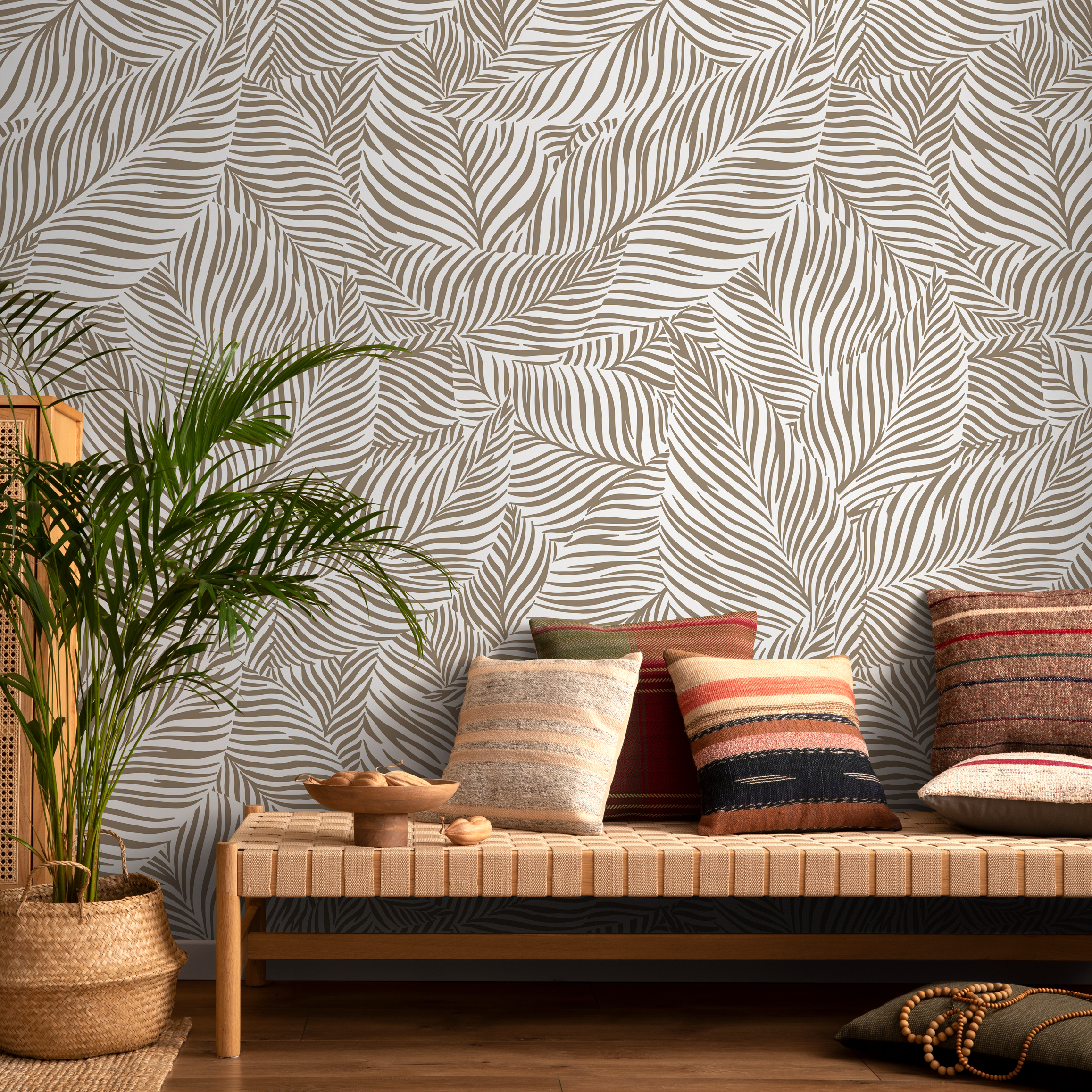 Botanical Wallpaper With A Stylized Palm Leaf Motif In Olive Green - C117