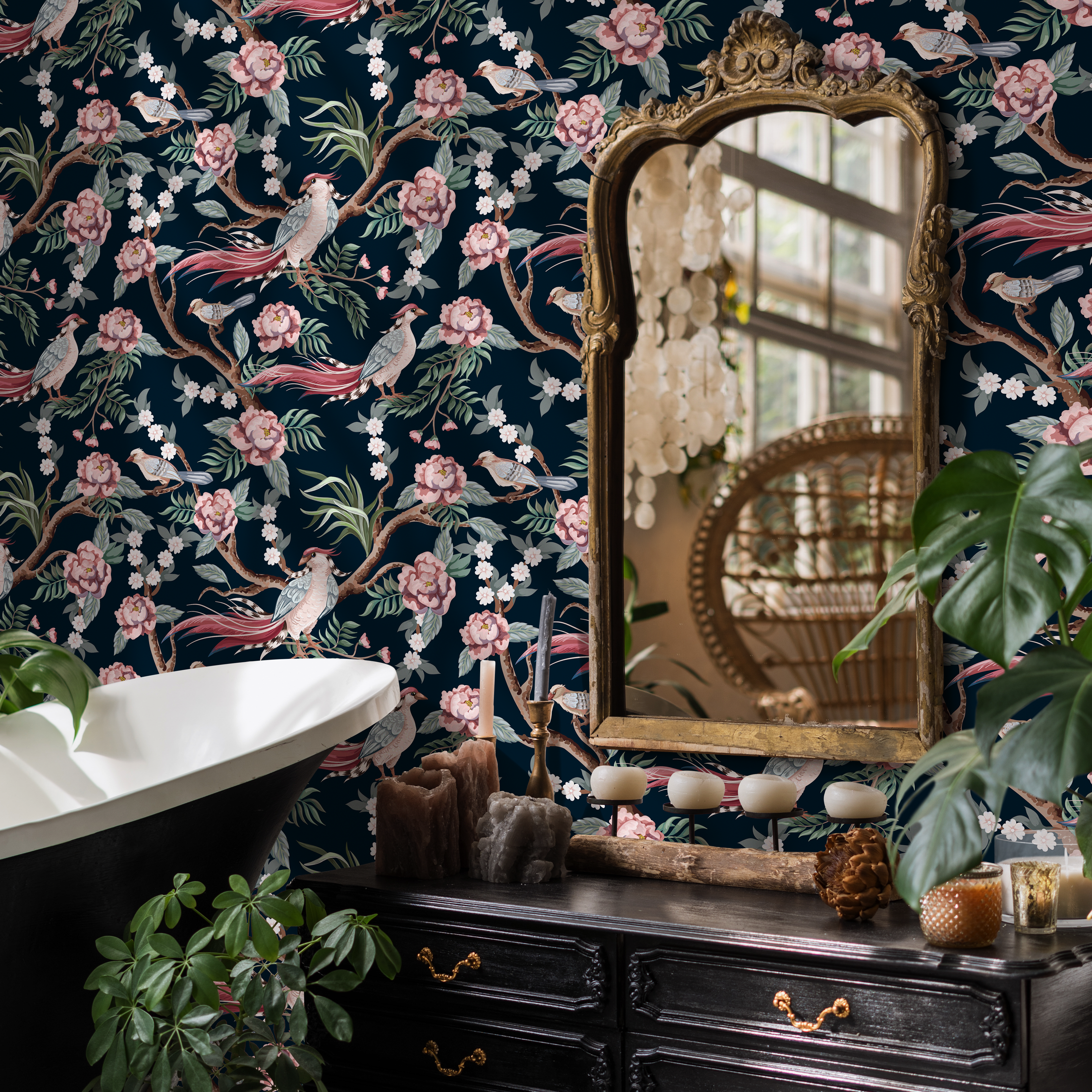 Chinoiserie Wallpaper With Peonies And Birds In Pink, Green, And Red - C121