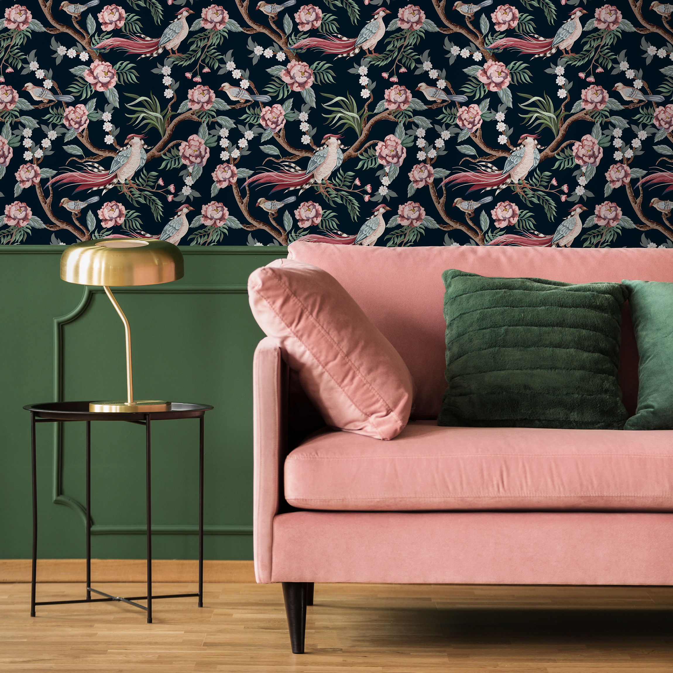 Chinoiserie Wallpaper With Peonies And Birds In Pink, Green, And Red - C121