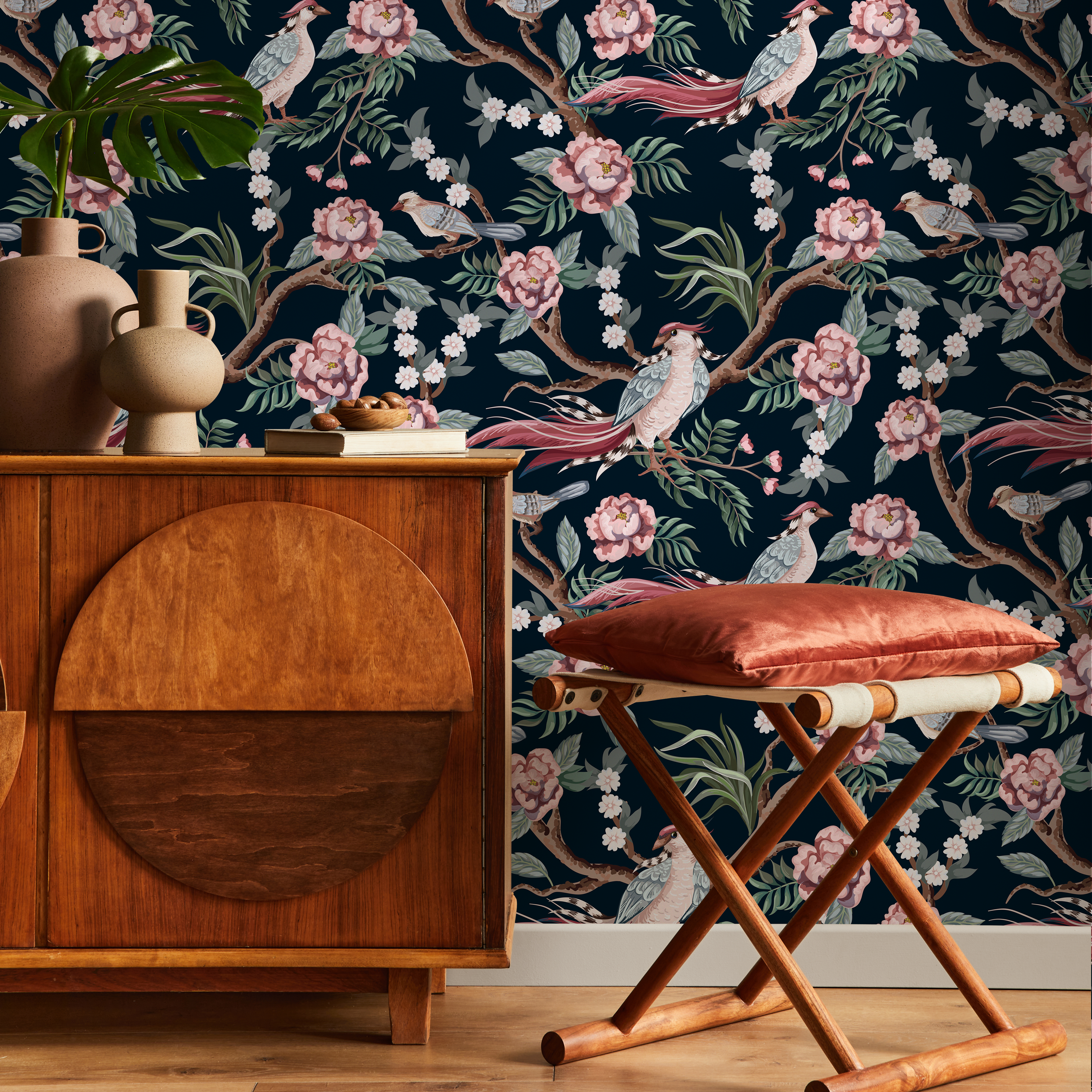 Chinoiserie Wallpaper With Peonies And Birds In Pink, Green, And Red - C121