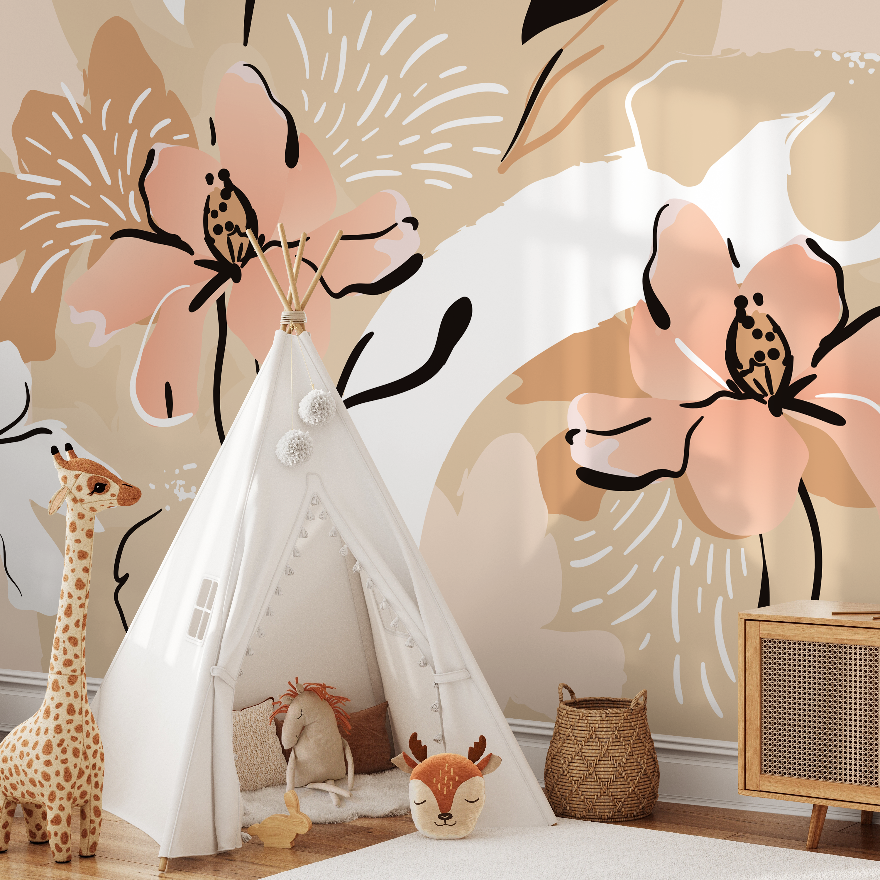 Abstract Wallpaper Featuring A Large Stylized Flower In Pink, Beige, And Black - C122