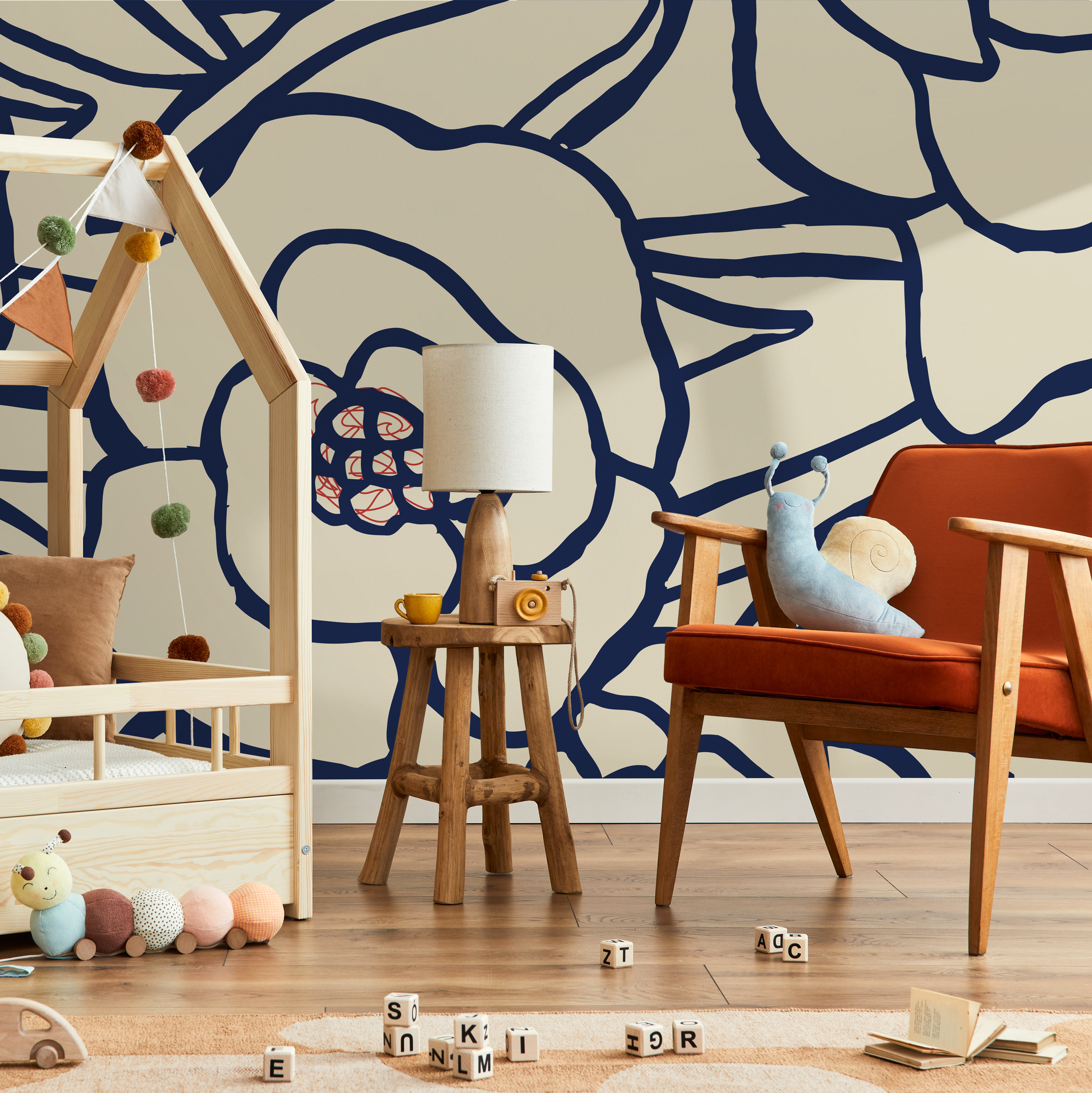 Floral Wallpaper With Bold Abstract Blooms In Navy Blue, Red, And Cream - C124