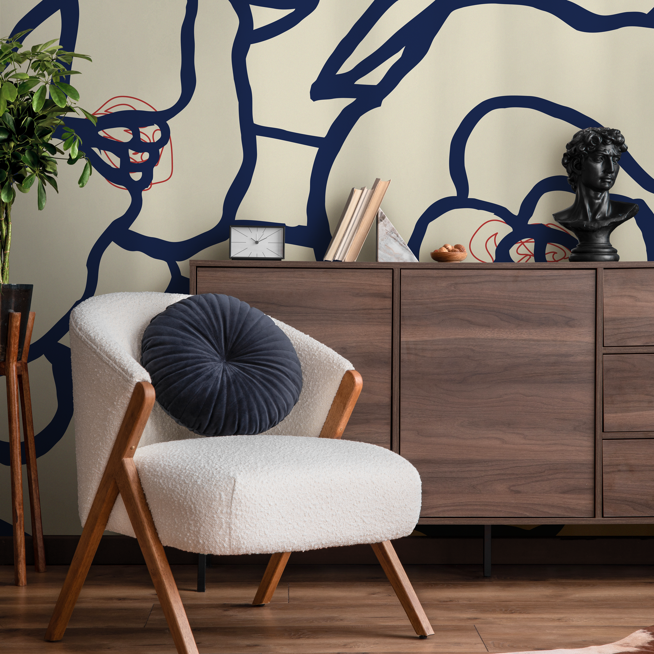 Floral Wallpaper With Bold Abstract Blooms In Navy Blue, Red, And Cream - C124