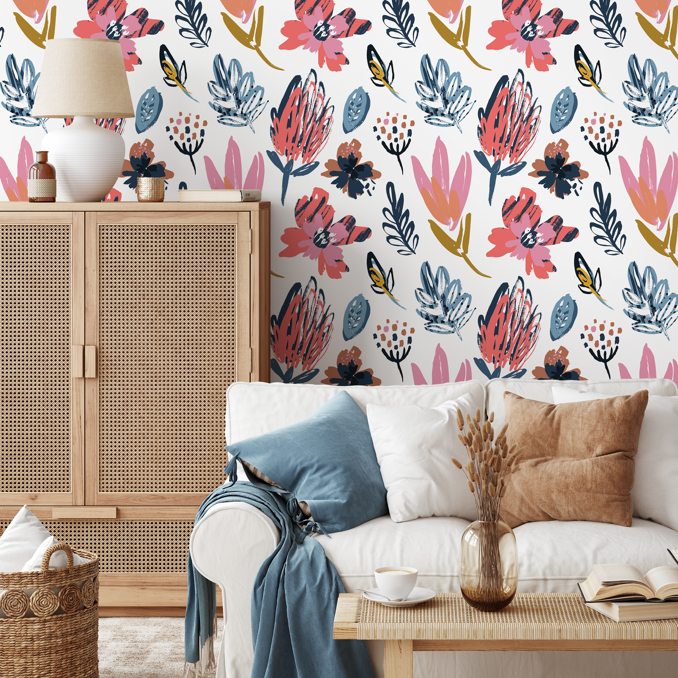 Floral Wallpaper With A Modern Brushstroke Motif In Coral, Blue, And Mustard - C125