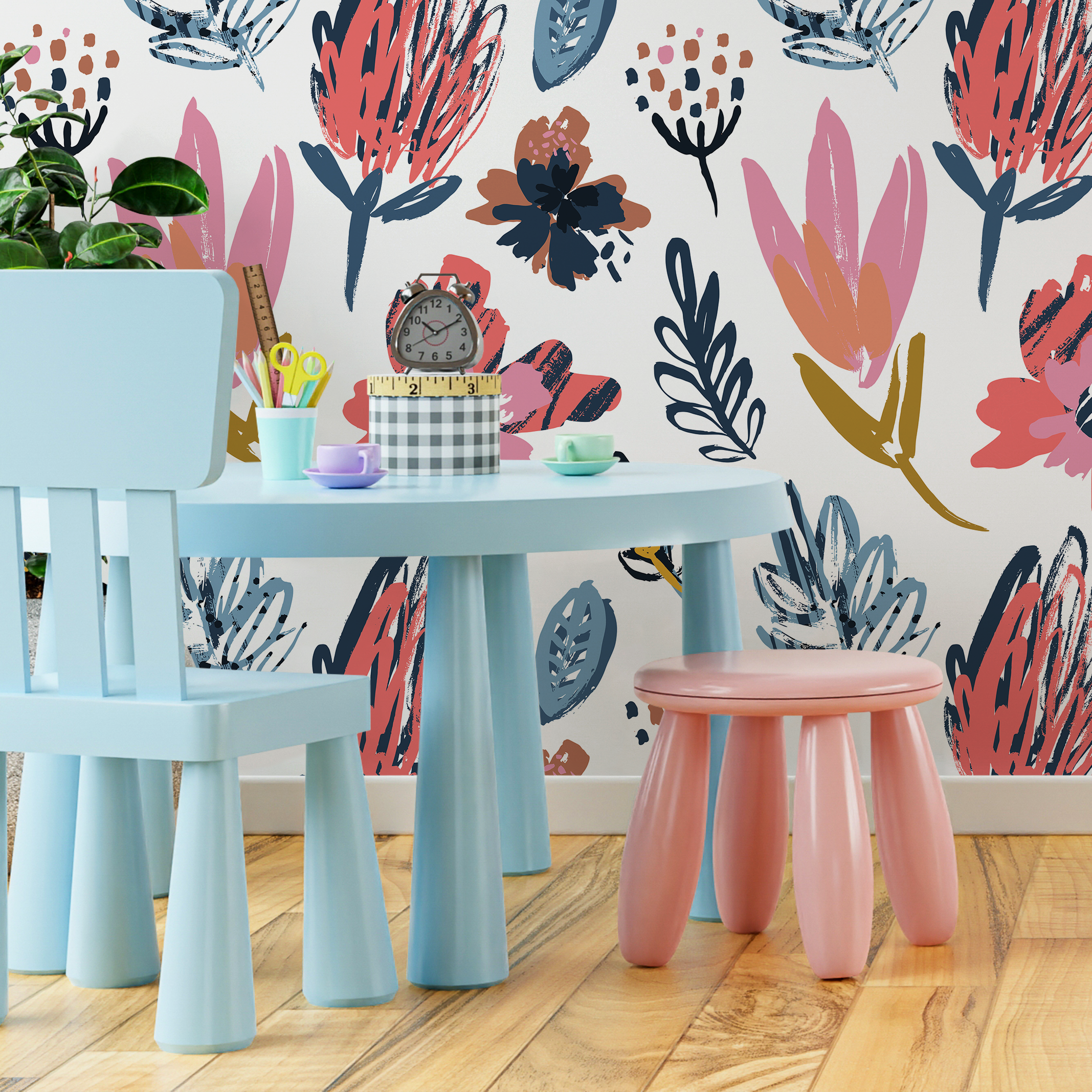Floral Wallpaper With A Modern Brushstroke Motif In Coral, Blue, And Mustard - C125