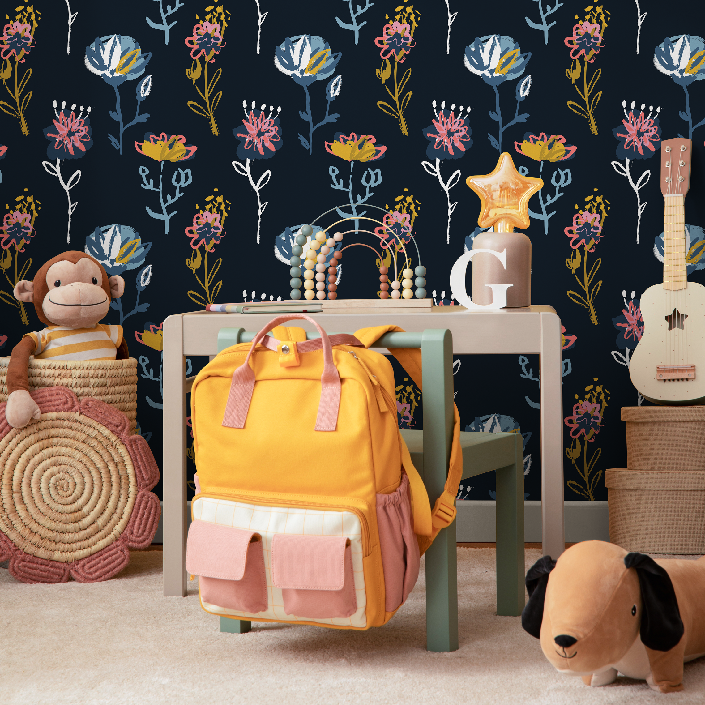 Floral Wallpaper With Abstract Botanicals In Navy, Pink, And Yellow - C126