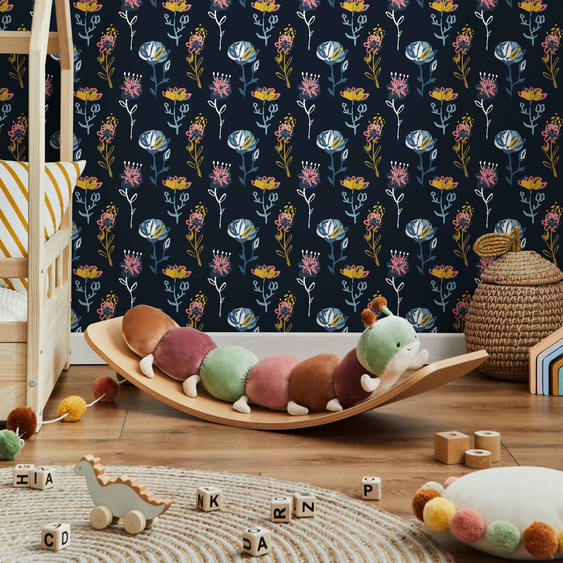 Floral Wallpaper With Abstract Botanicals In Navy, Pink, And Yellow - C126