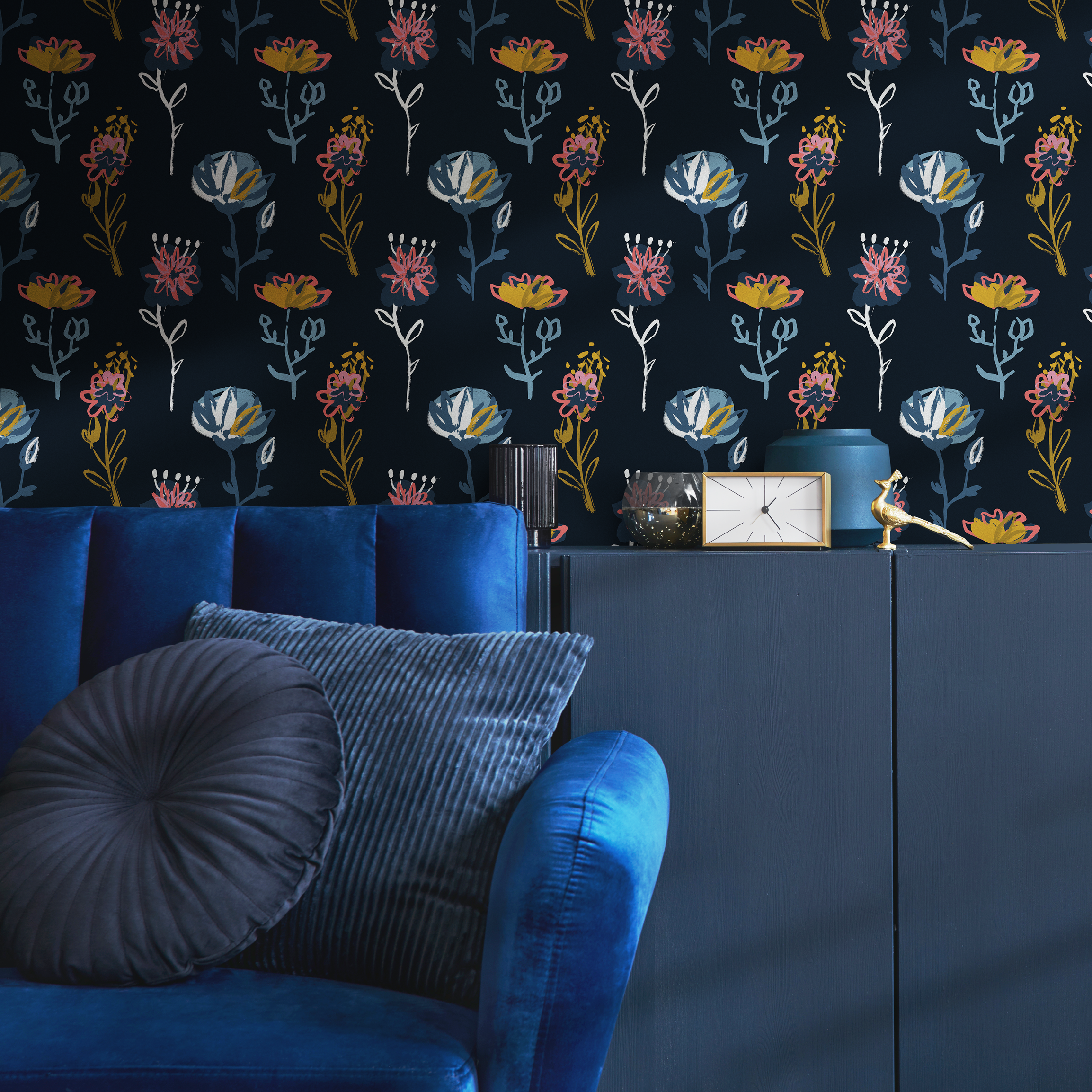 Floral Wallpaper With Abstract Botanicals In Navy, Pink, And Yellow - C126
