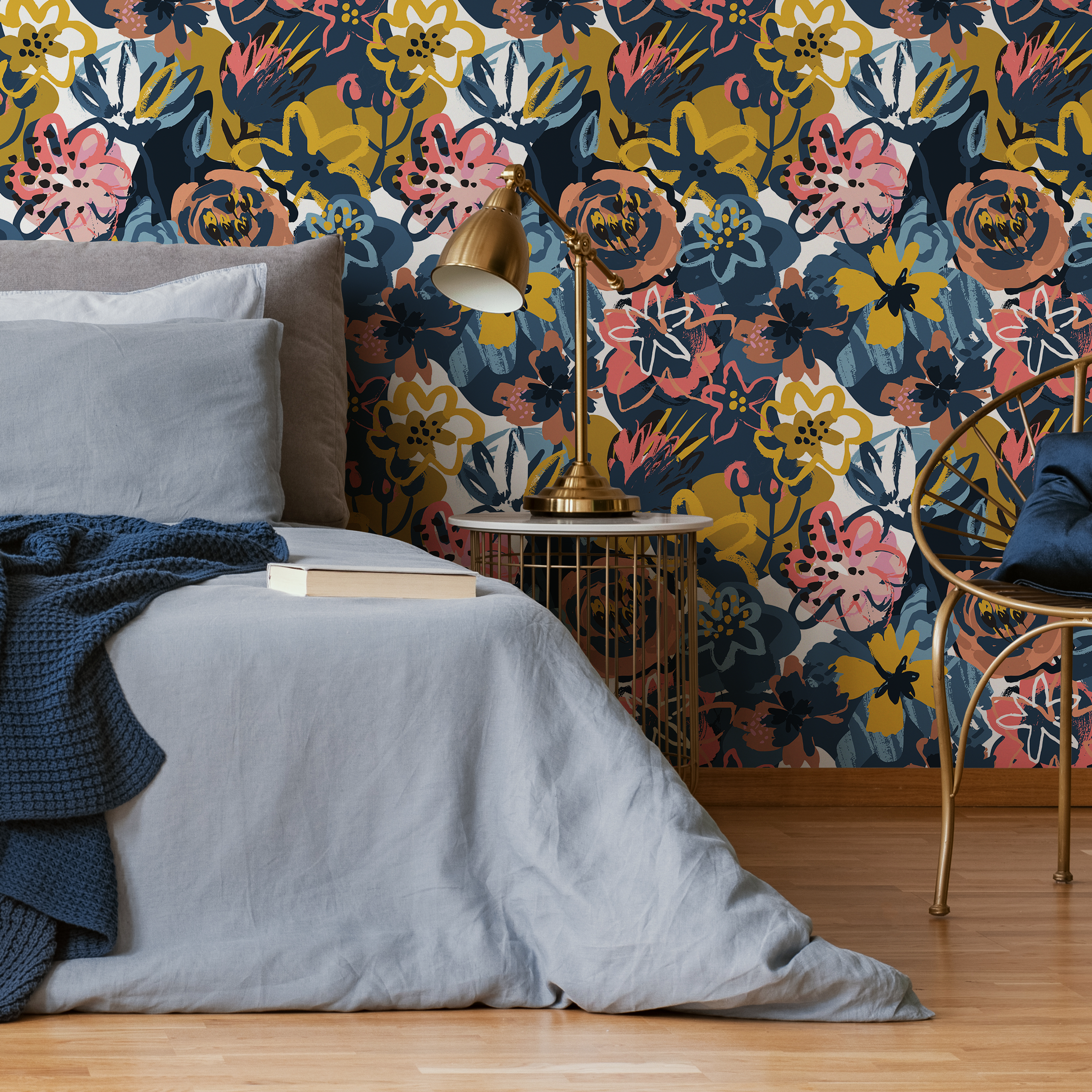 Abstract Floral Wallpaper With A Painterly Motif In Navy Blue, Yellow, And Pink - C127