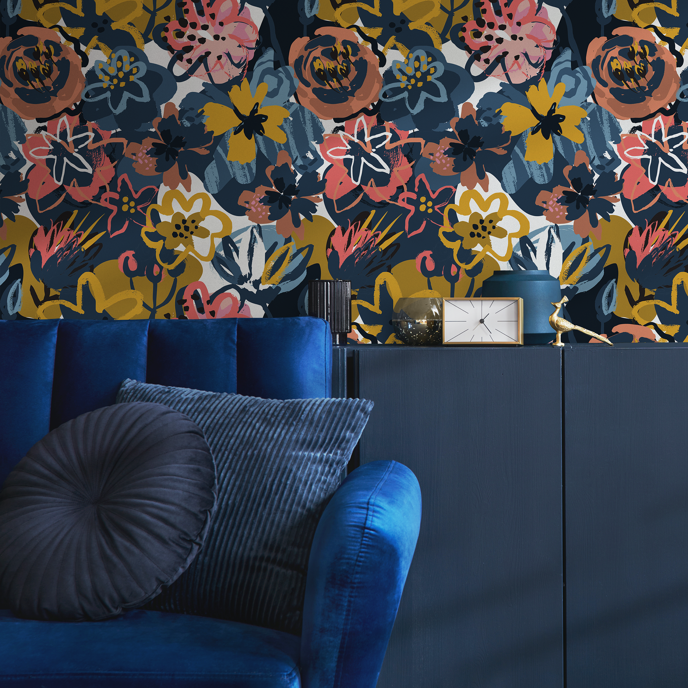 Abstract Floral Wallpaper With A Painterly Motif In Navy Blue, Yellow, And Pink - C127