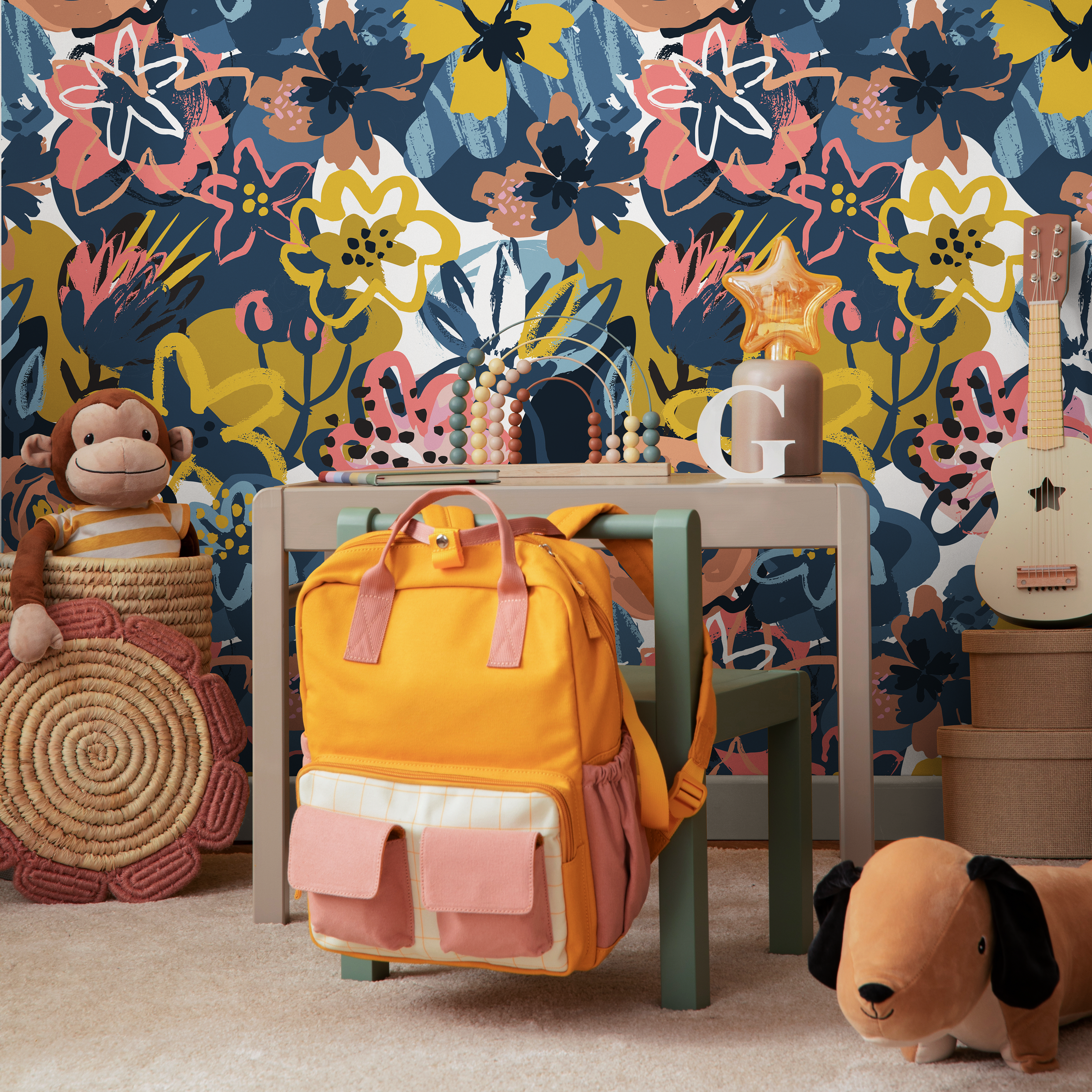 Abstract Floral Wallpaper With A Painterly Motif In Navy Blue, Yellow, And Pink - C127