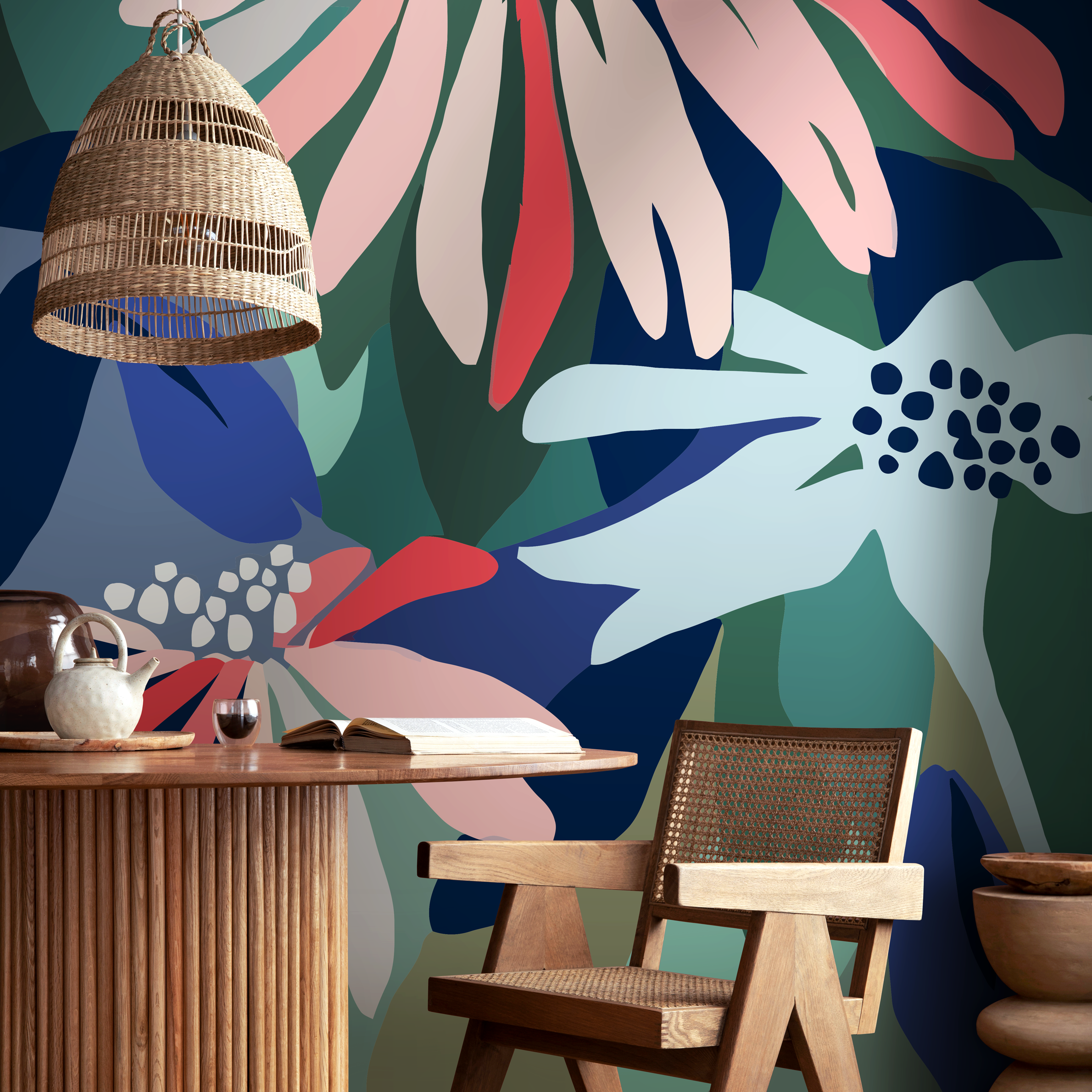 Abstract Wallpaper With Bold Organic Shapes In Blue, Green, And Red - C128