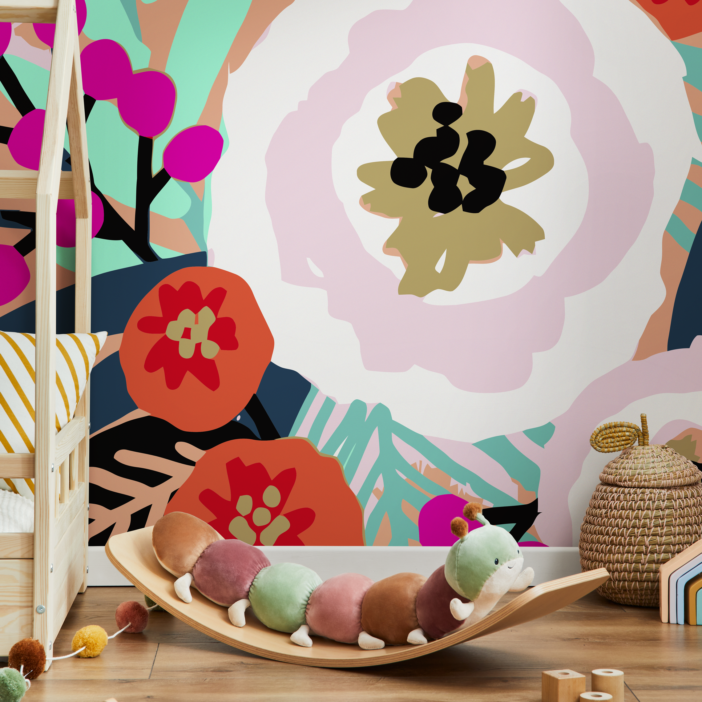 Abstract Floral Wallpaper With A Bold Botanical Motif In Peach, Magenta, And Blue - C130