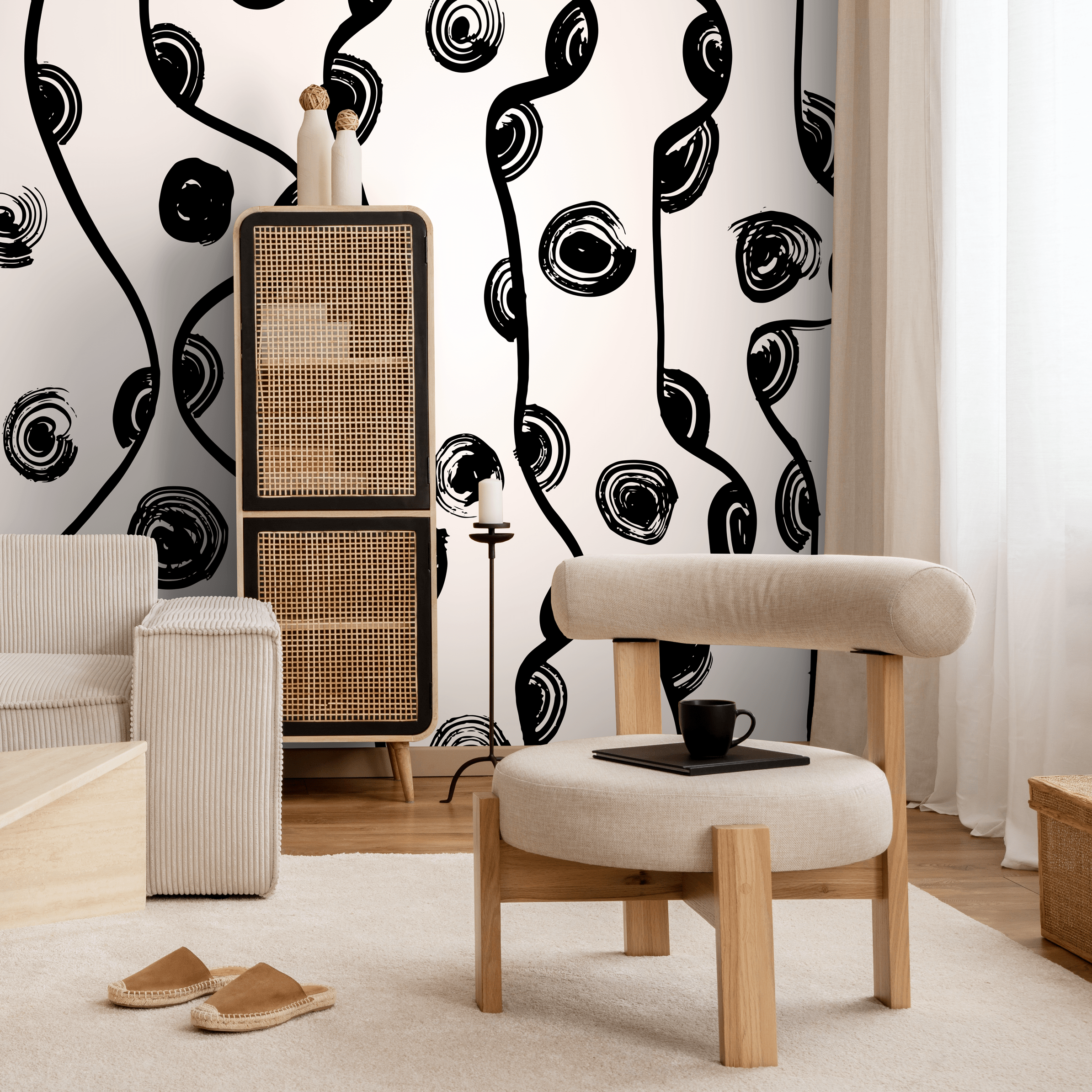 Abstract Wallpaper With Bold Brushstroke Swirls In Black And White - C132