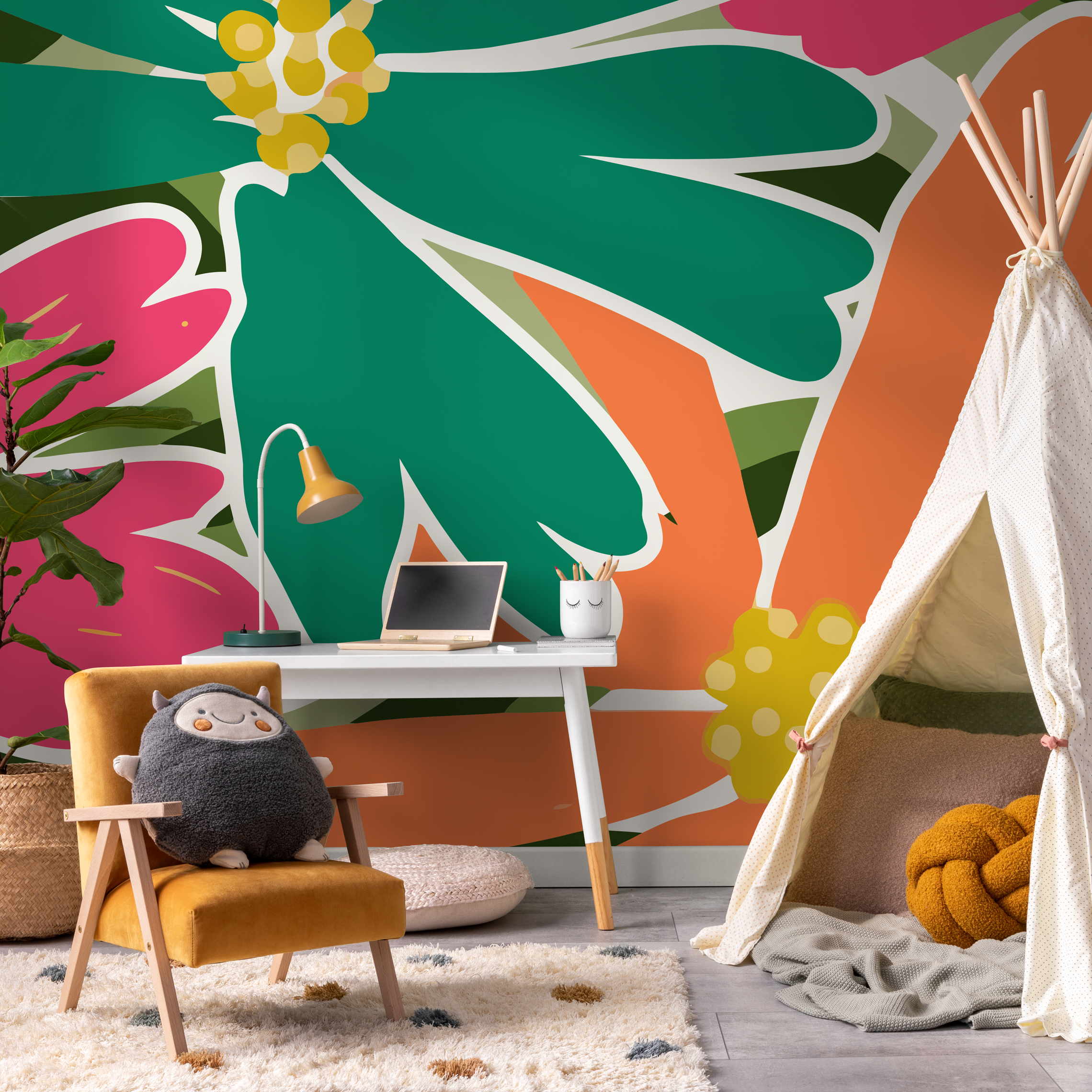 Floral Wallpaper With An Abstract Style In Green, Pink, And Orange - C133