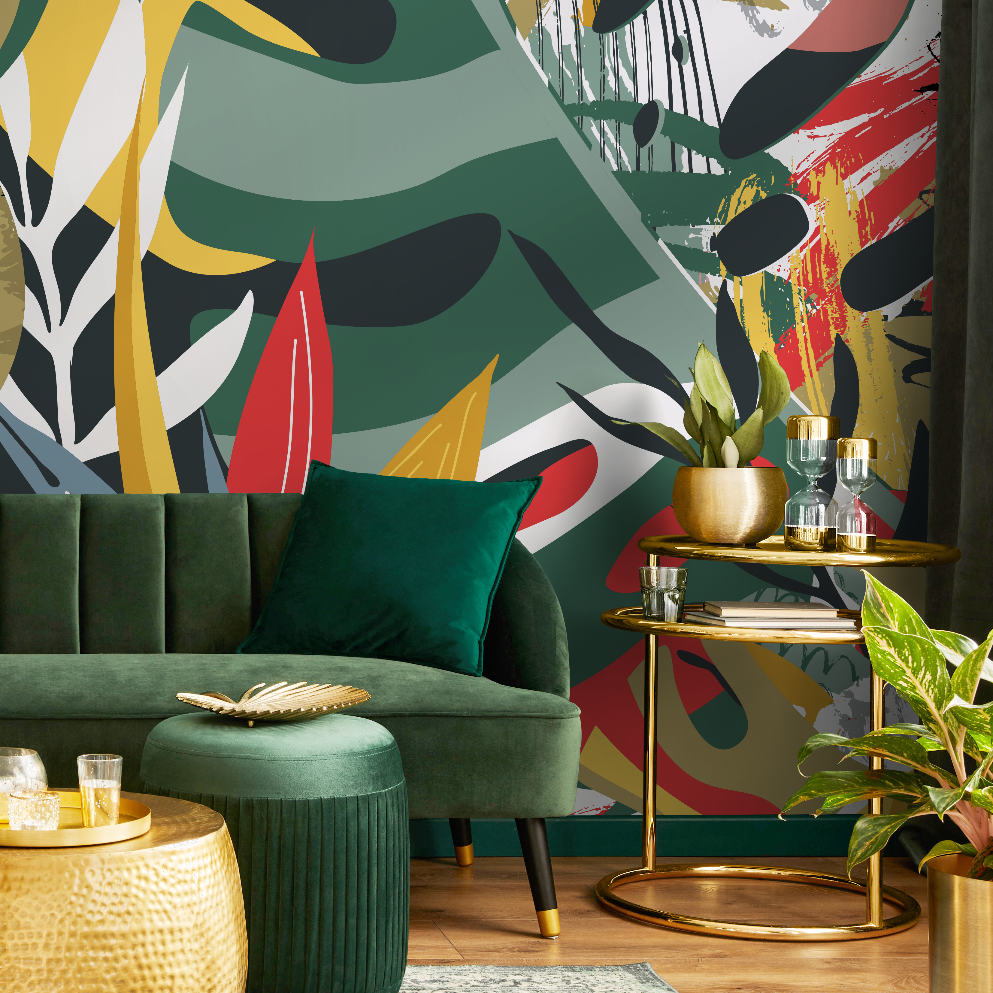 Abstract Botanical Wallpaper With Bold Brushstrokes In Green, Yellow, And Red - C134