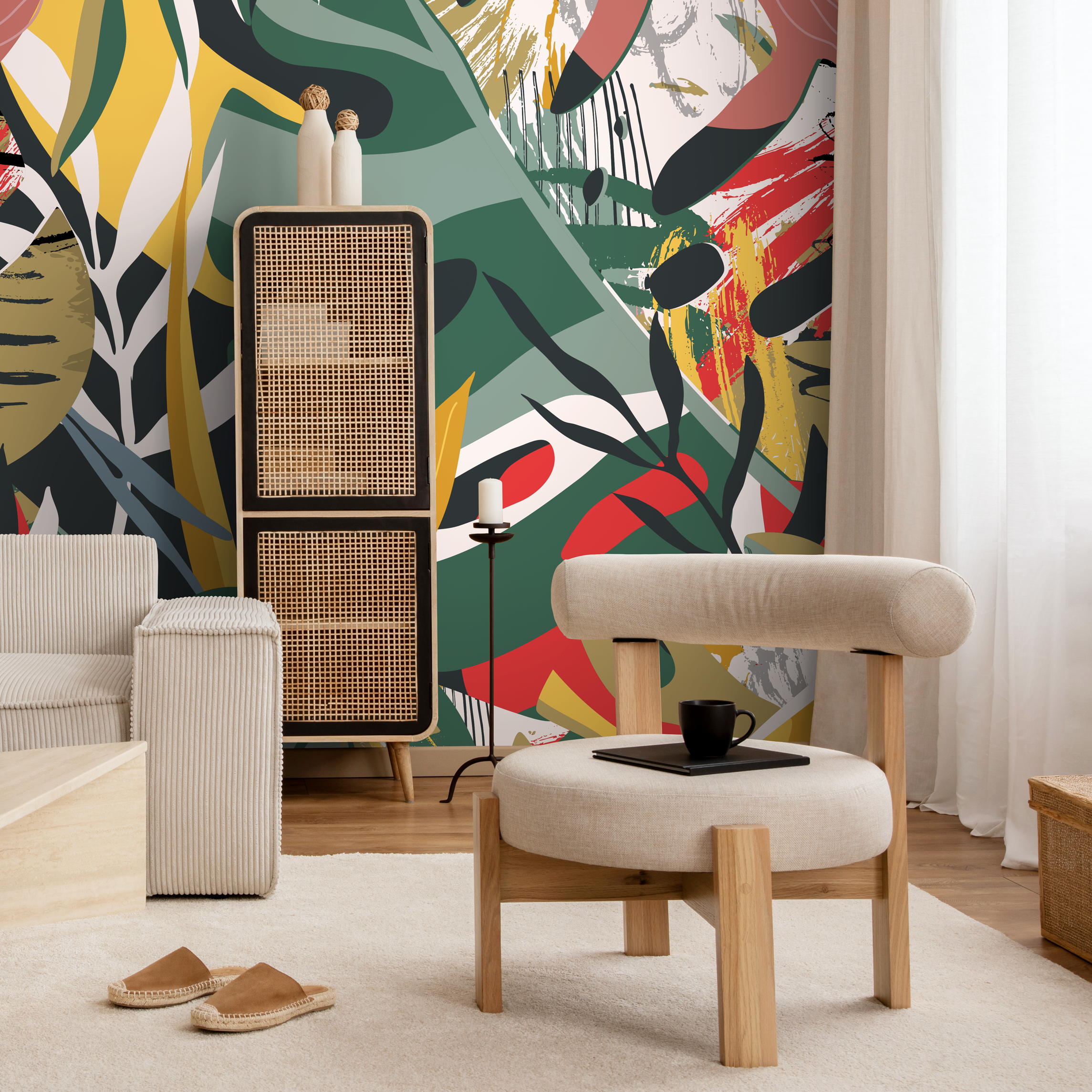 Abstract Botanical Wallpaper With Bold Brushstrokes In Green, Yellow, And Red - C134