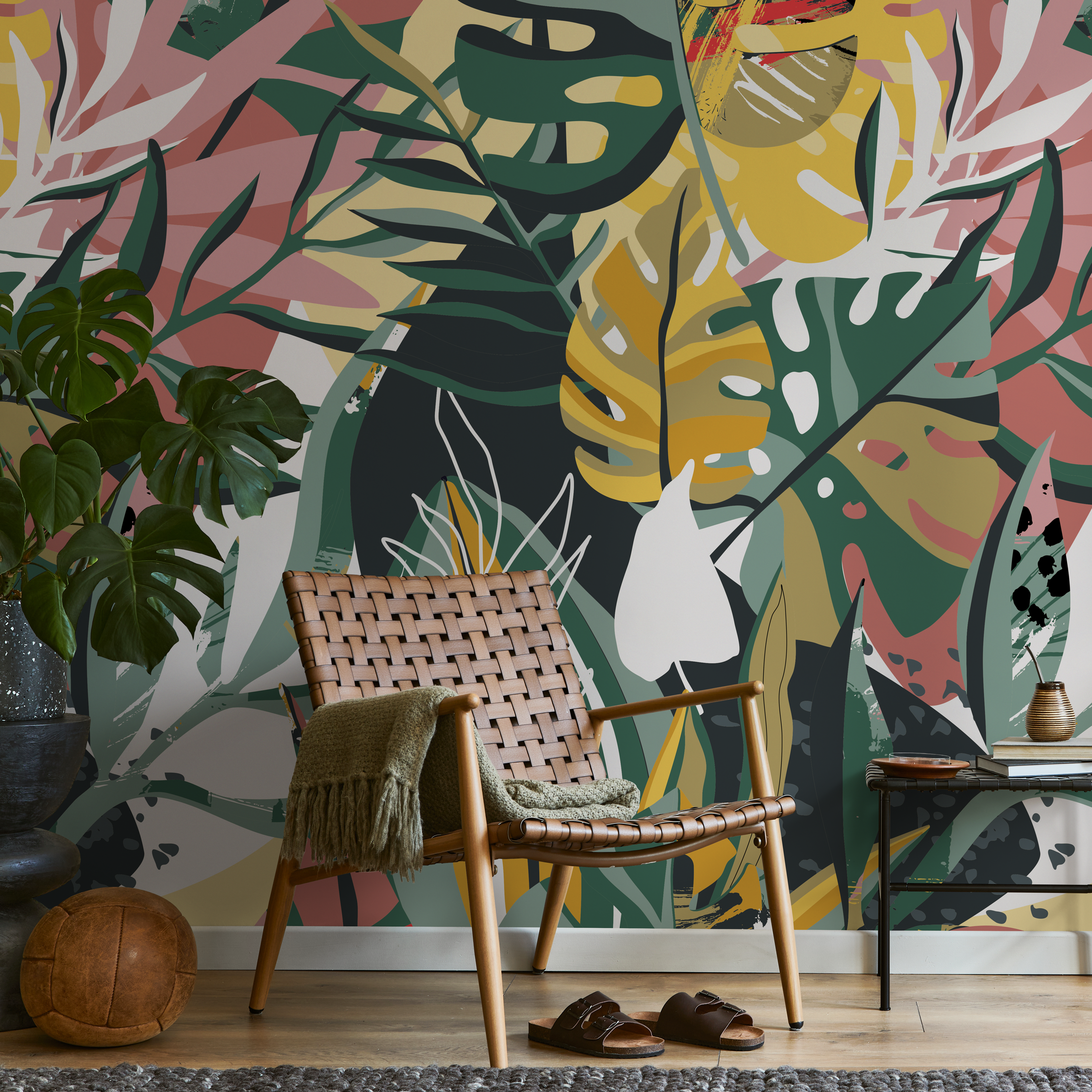 Botanical Wallpaper With Abstract Tropical Leaves In Green, Yellow, And Pink - C135