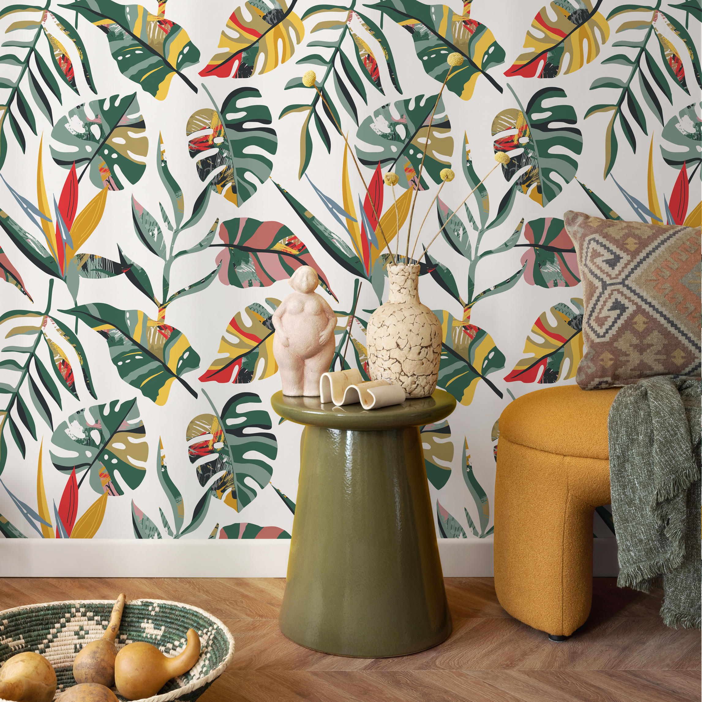 Tropical Wallpaper With Artistic Jungle Leaves In Green, Yellow, And Red - C136
