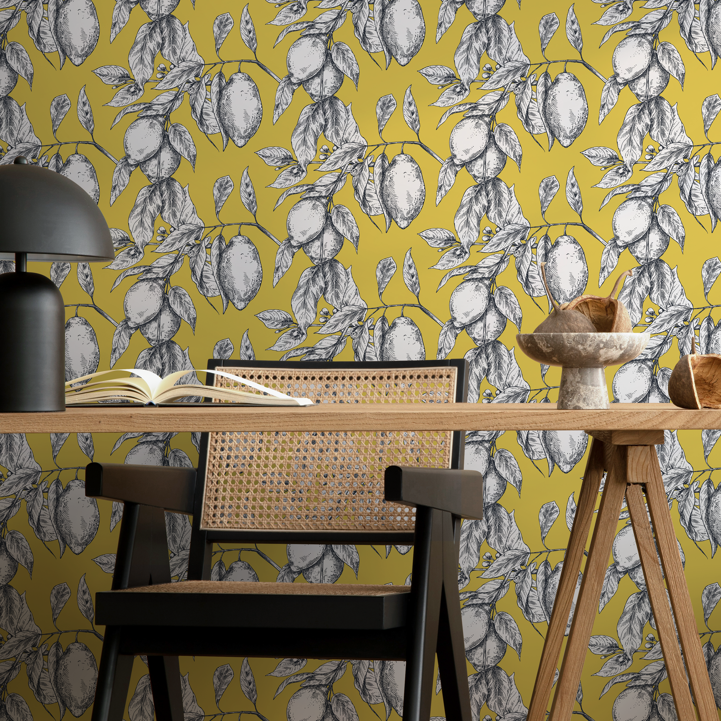 Botanical Wallpaper Featuring Sketched Lemon Branches In Yellow, Black, And White - C137