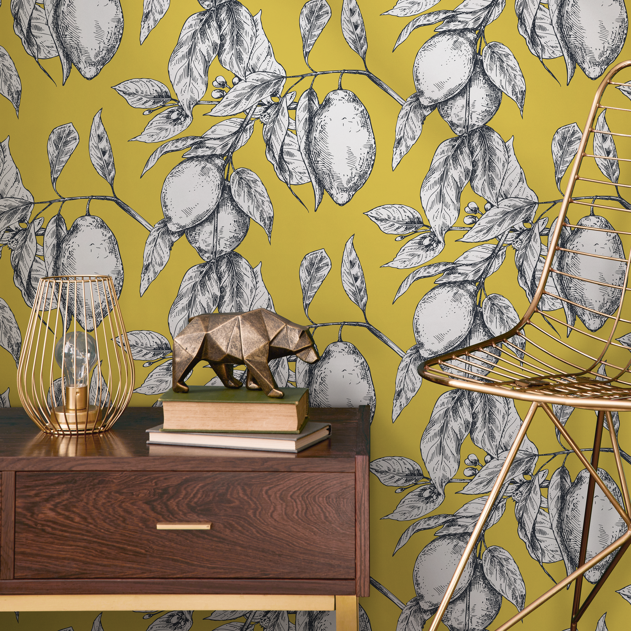 Botanical Wallpaper Featuring Sketched Lemon Branches In Yellow, Black, And White - C137