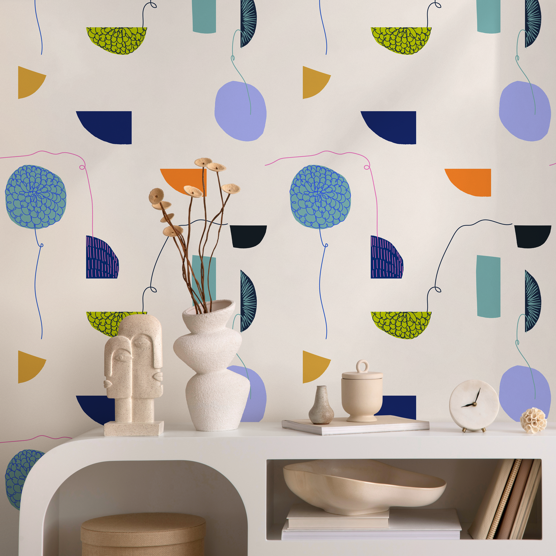 Abstract Wallpaper With Stylized Florals In Blue, Orange, And Lavender - C139