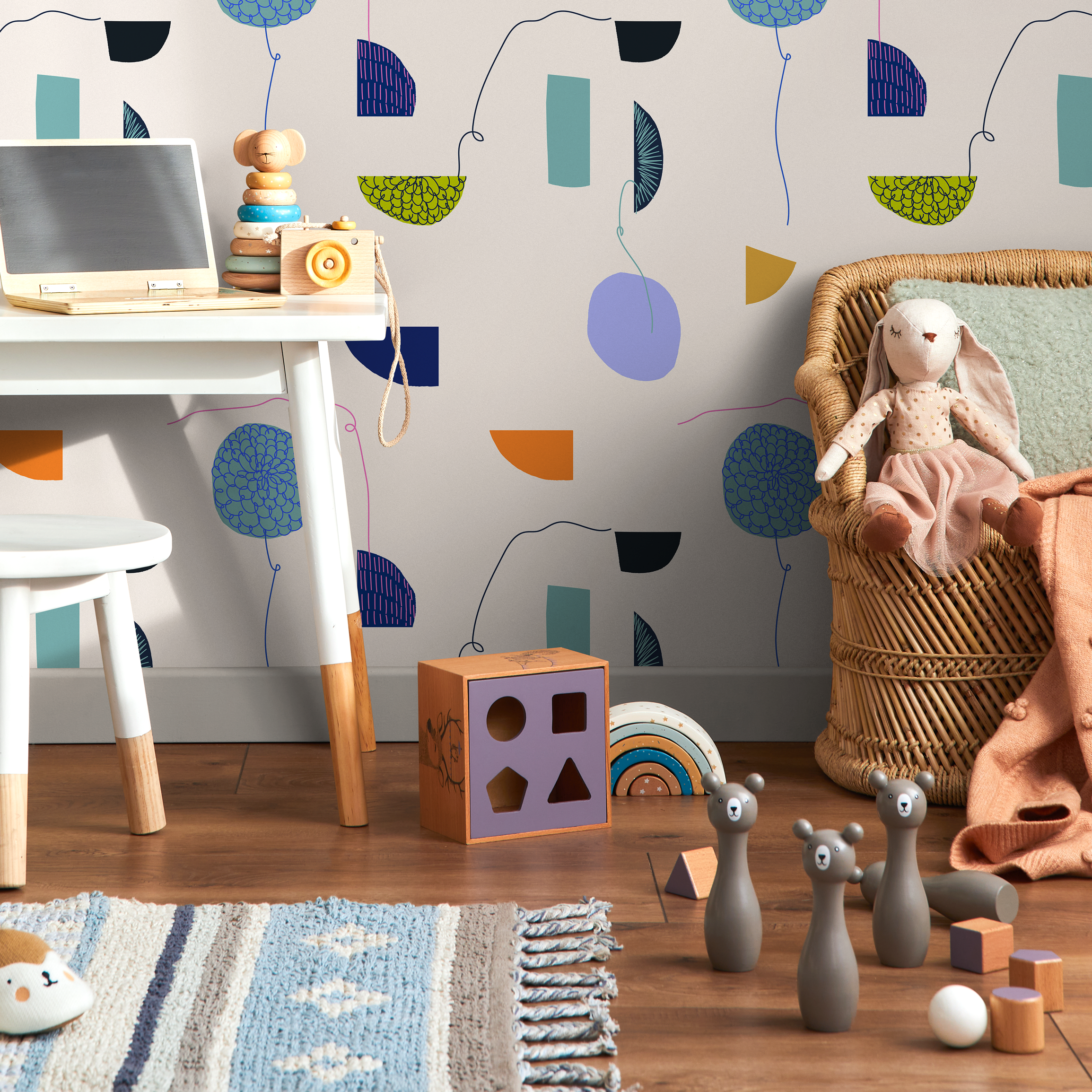 Abstract Wallpaper With Stylized Florals In Blue, Orange, And Lavender - C139