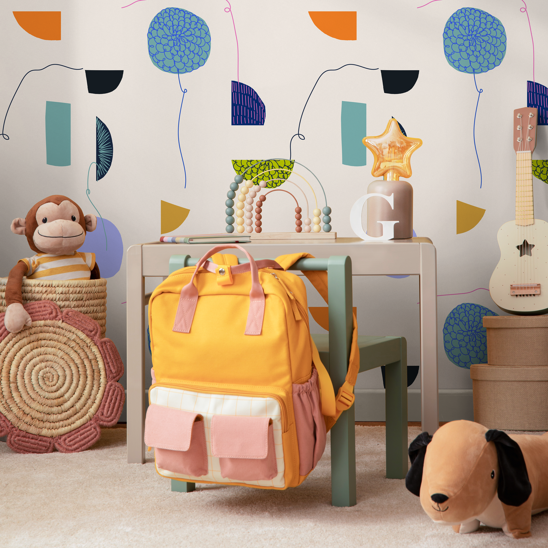 Abstract Wallpaper With Stylized Florals In Blue, Orange, And Lavender - C139