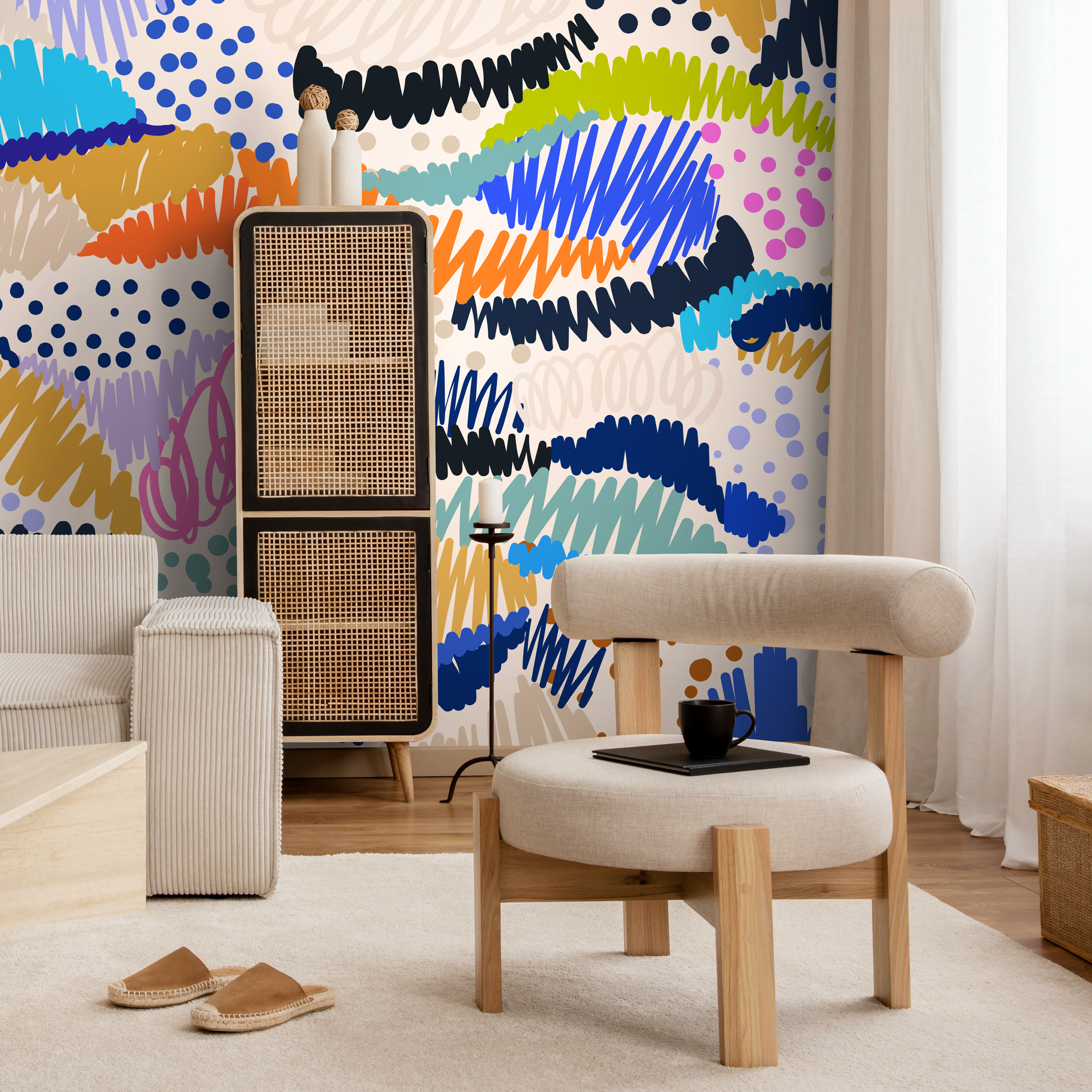 Abstract Wallpaper With Colorful Scribbles In Orange, Blue, And Pink - C141