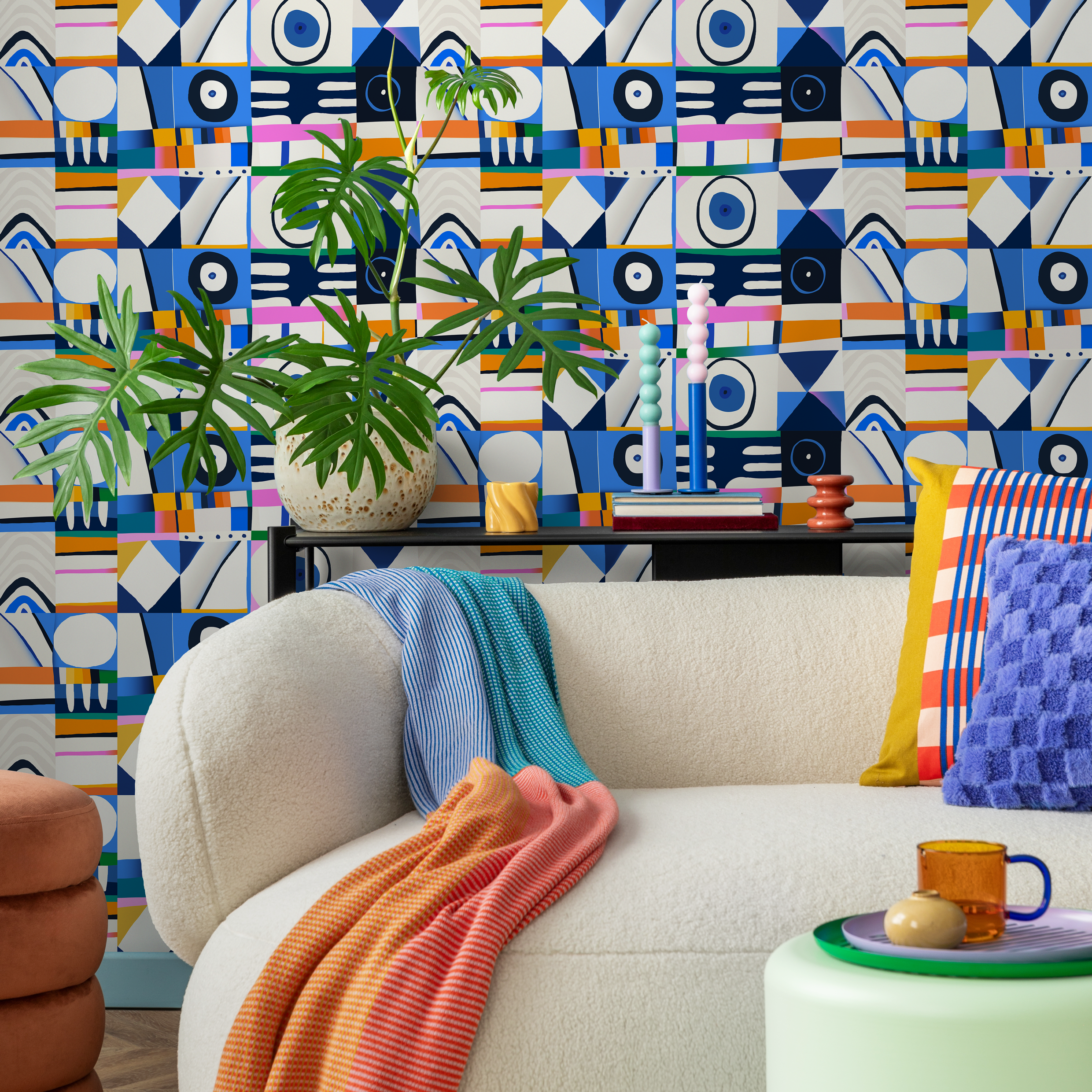 Abstract Wallpaper With A Collage Of Geometric Shapes In Blue, Orange, And Pink - C142