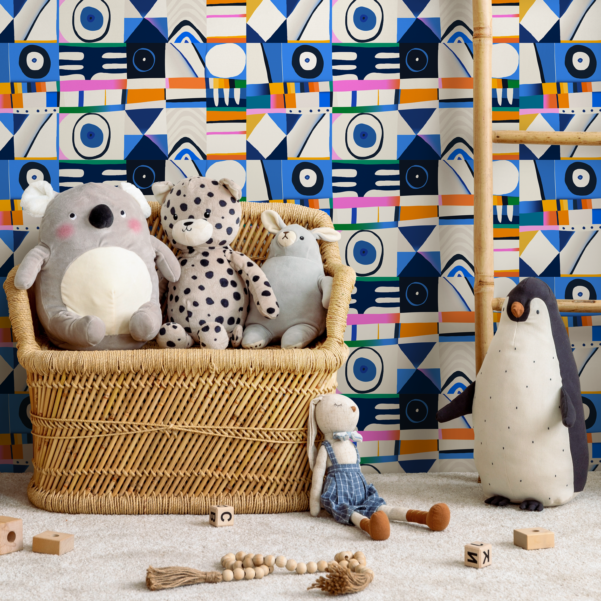 Abstract Wallpaper With A Collage Of Geometric Shapes In Blue, Orange, And Pink - C142