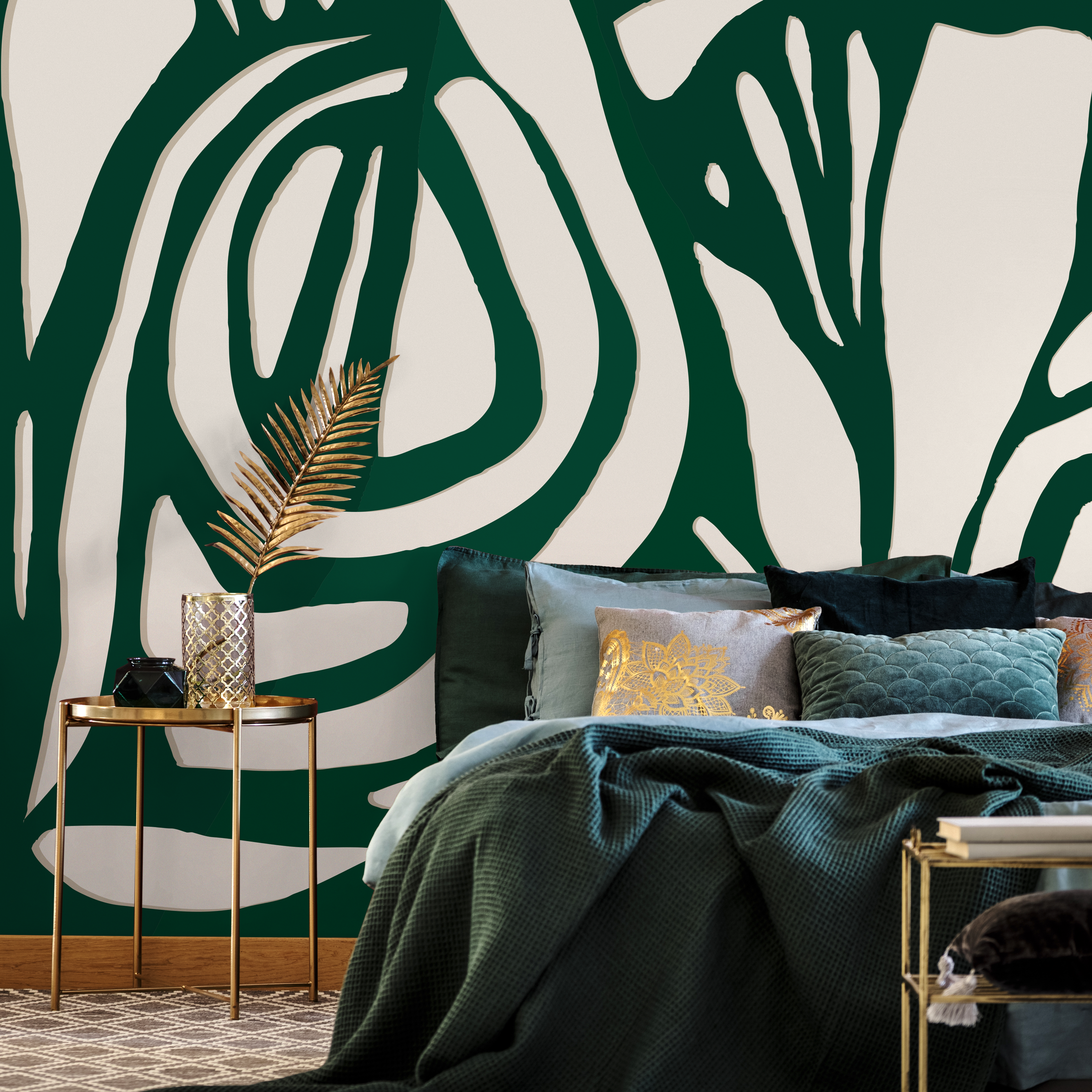 Botanical Wallpaper With A Large Abstract Leaf In Dark Green And Beige - C143