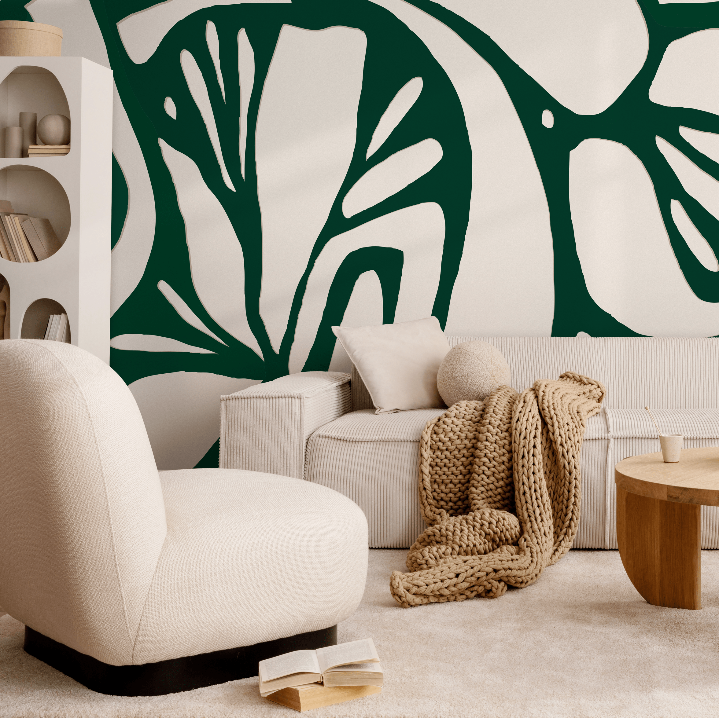 Botanical Wallpaper With A Large Abstract Leaf In Dark Green And Beige - C143