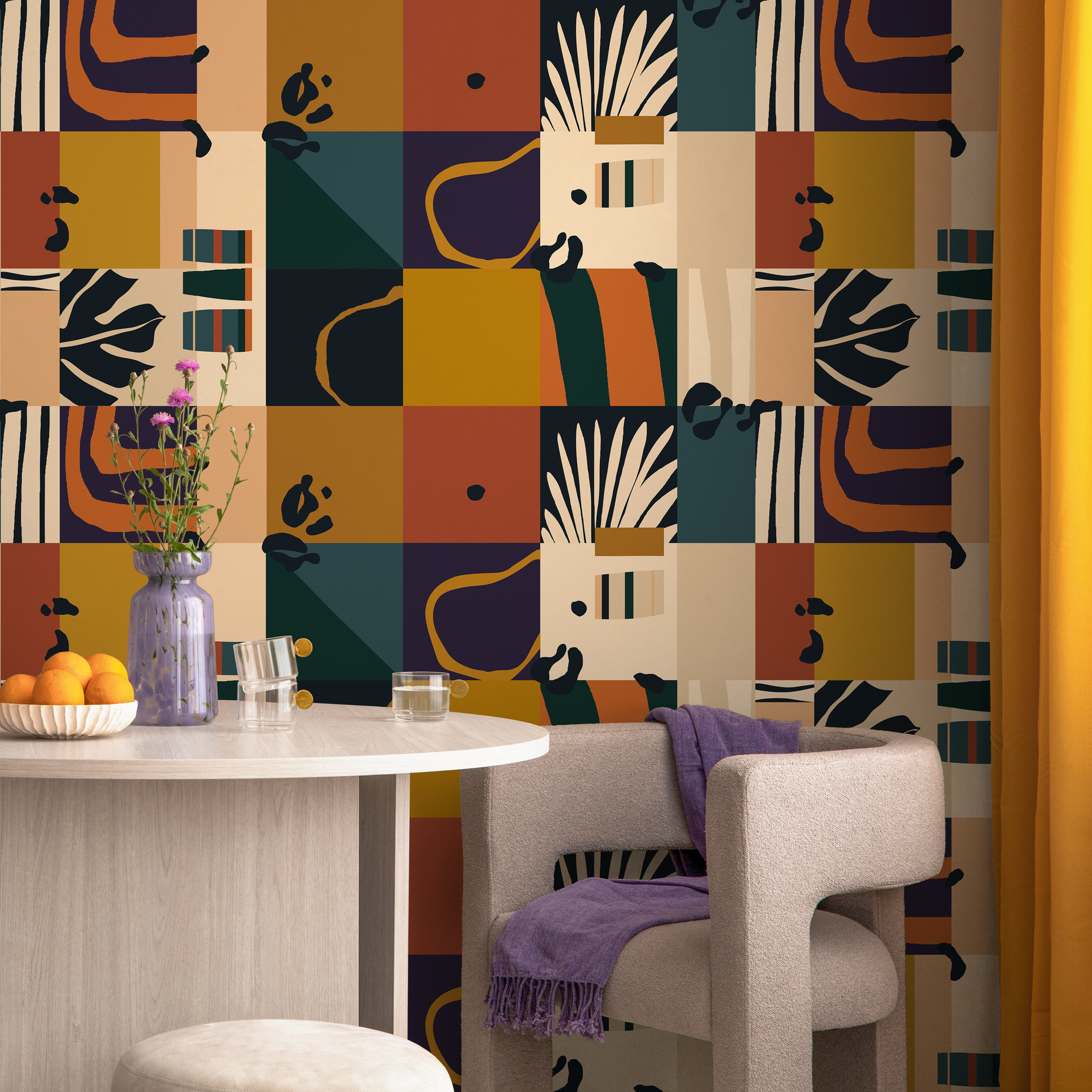 Abstract Wallpaper With Geometric Blocks In Terracotta, Mustard, And Teal - C146