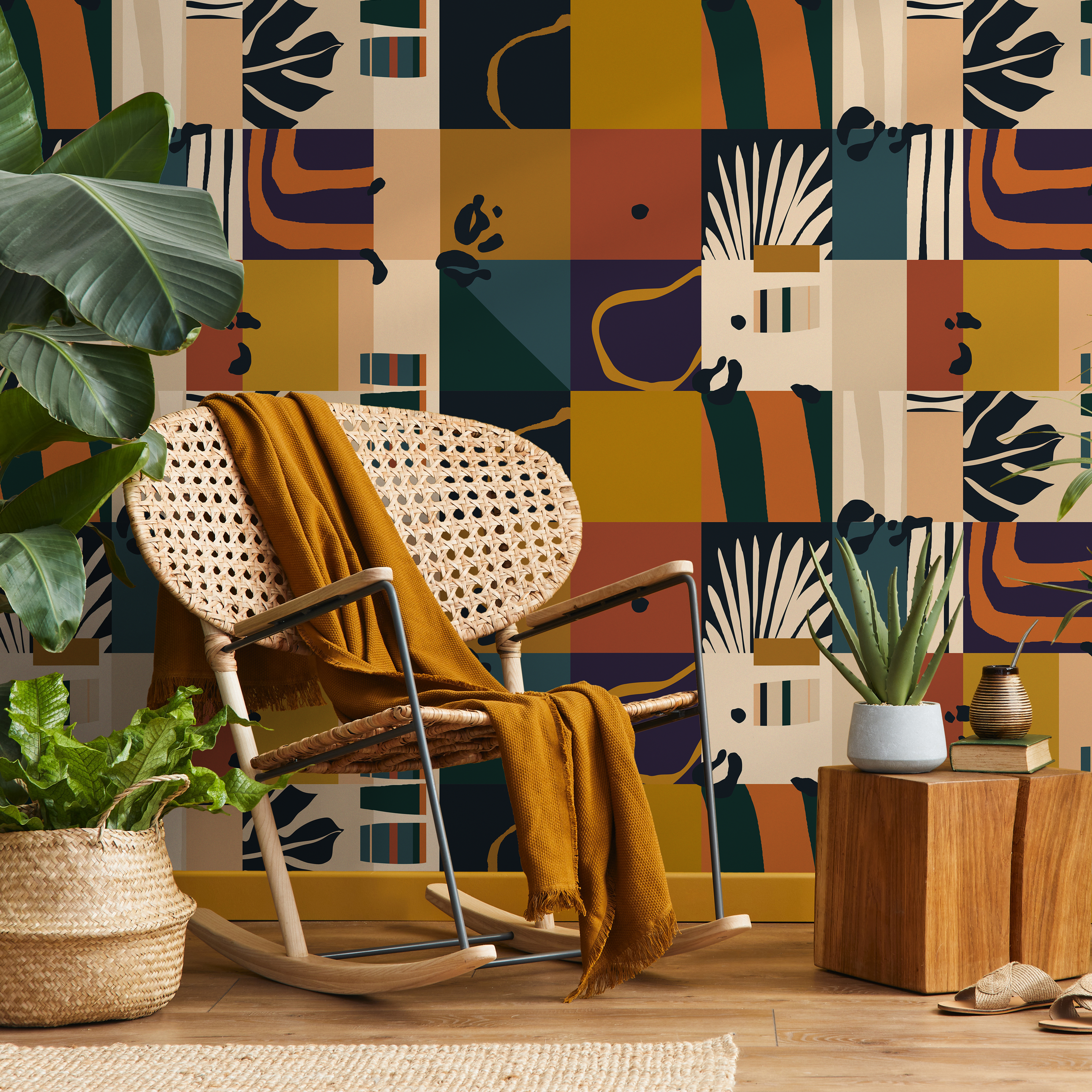 Abstract Wallpaper With Geometric Blocks In Terracotta, Mustard, And Teal - C146