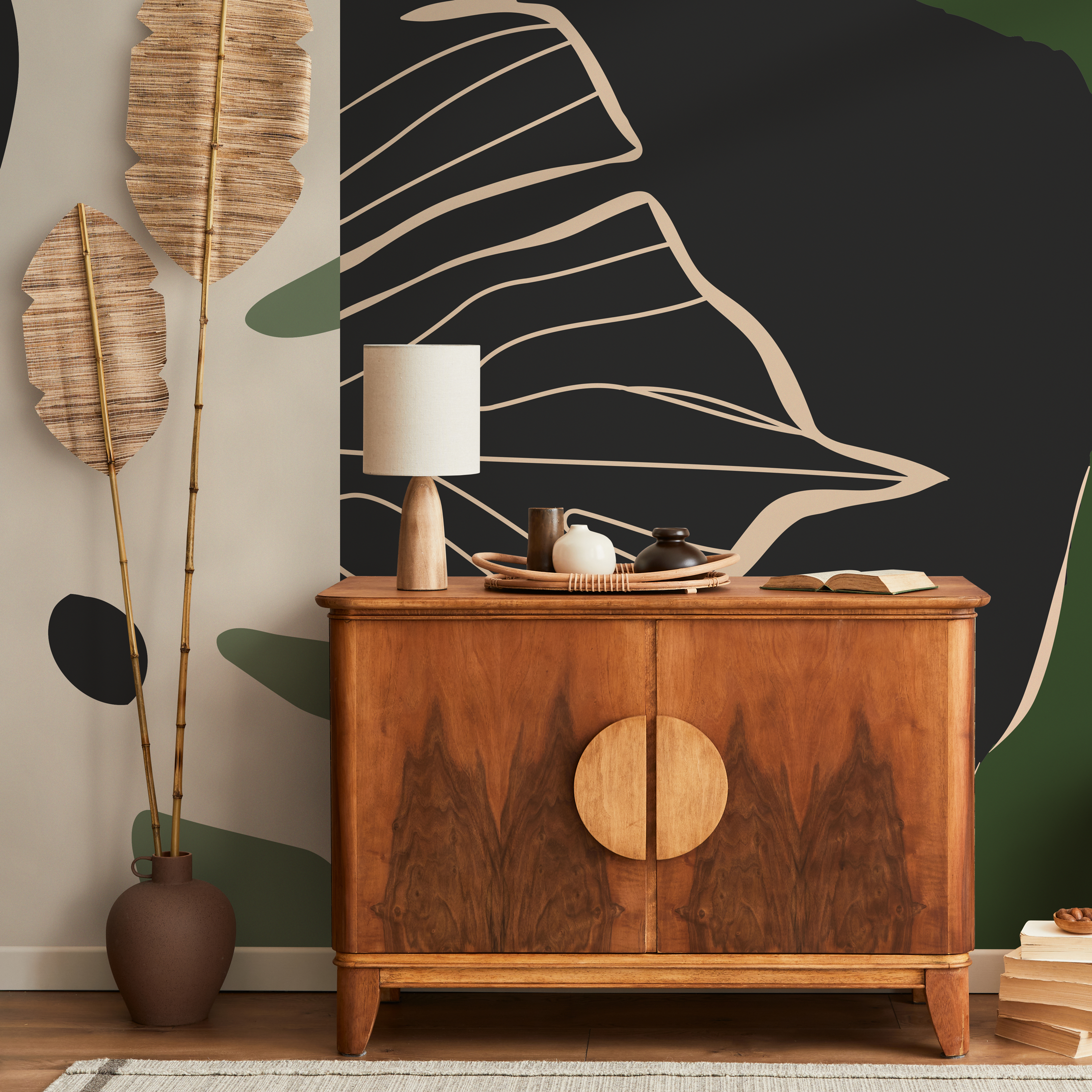 Abstract Wallpaper With Organic Shapes And Line Art In Black, Green, And Beige - C147