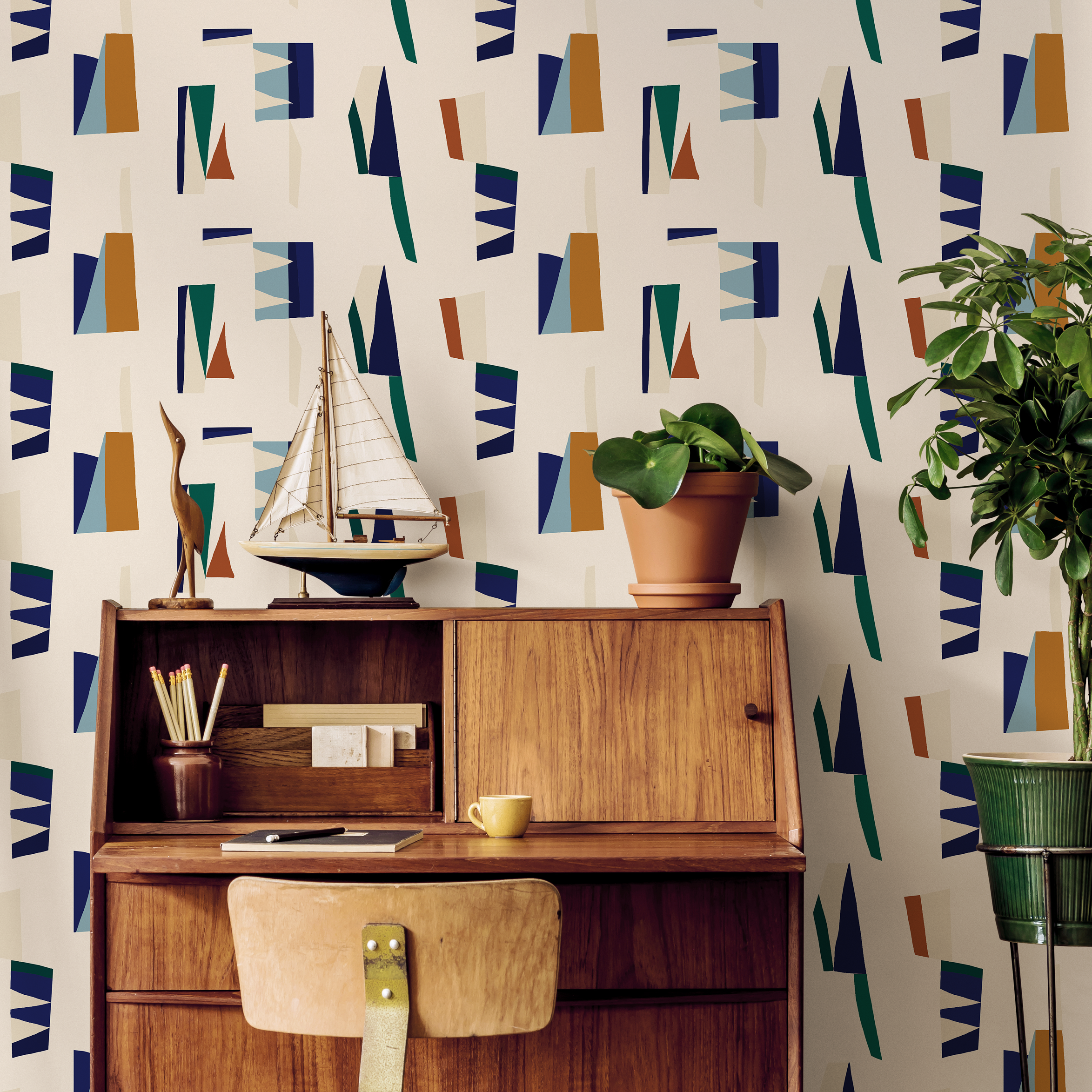 Abstract Wallpaper With Mid-century Geometric Shapes In Blue, Green, And Orange - C148