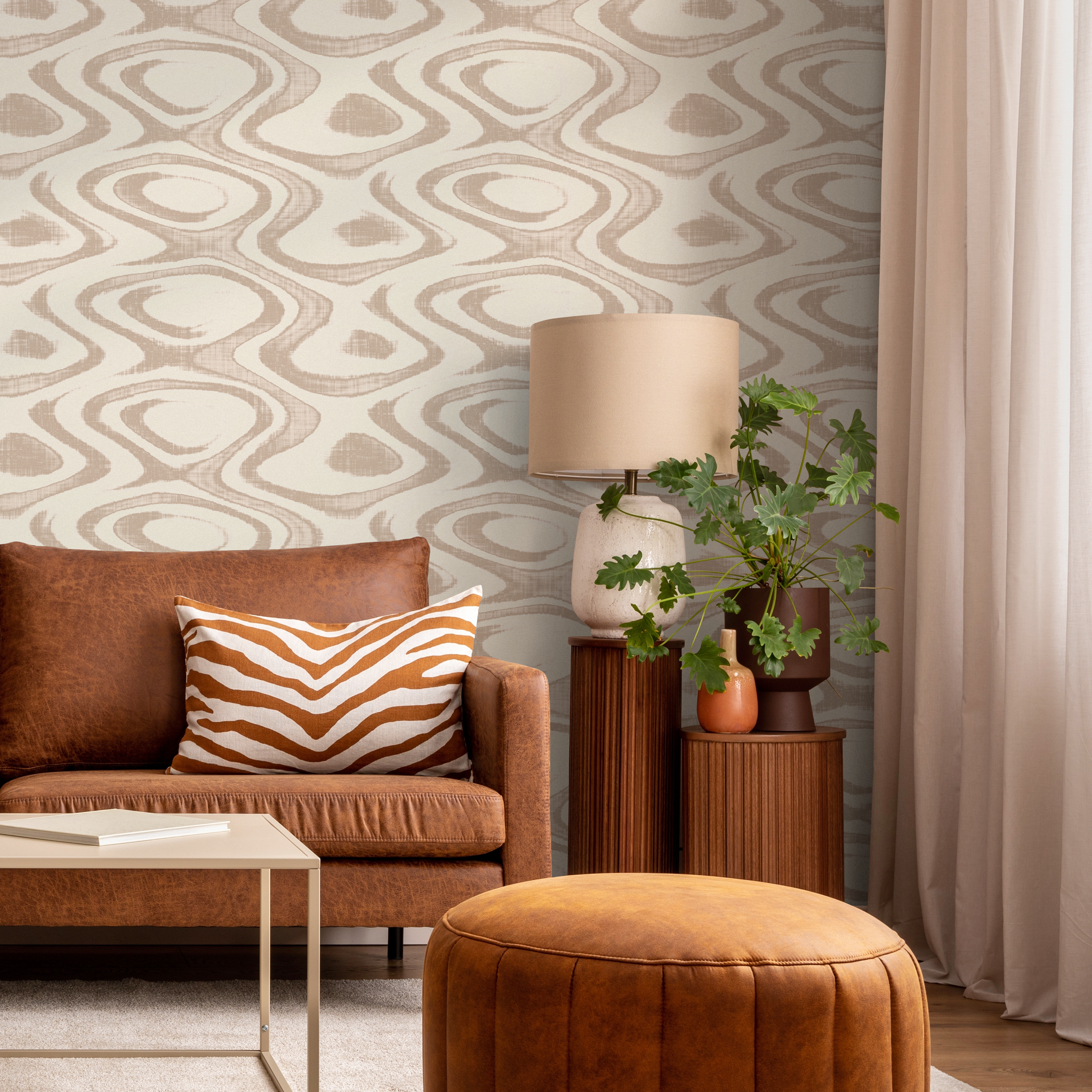 Abstract Wallpaper With A Fluid Wavy Motif In Beige And Cream - C151