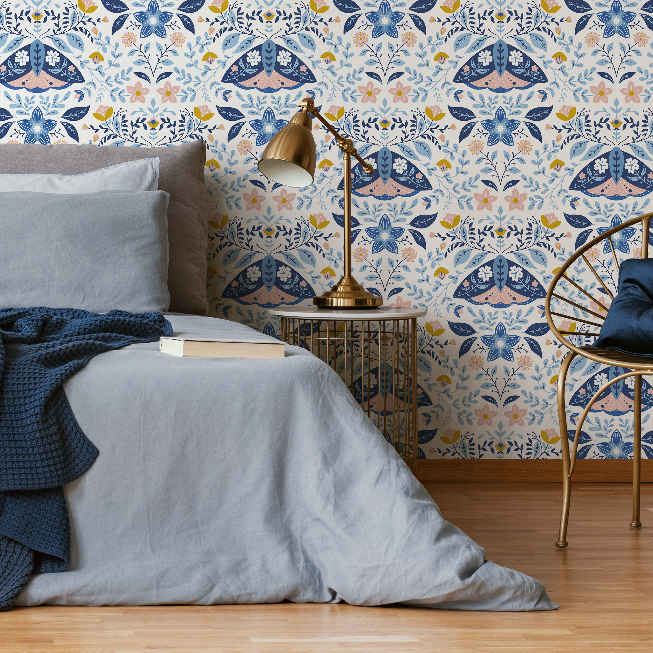 Floral Wallpaper With A Folk Art Moth Motif In Blue, Pink, And Yellow - C152