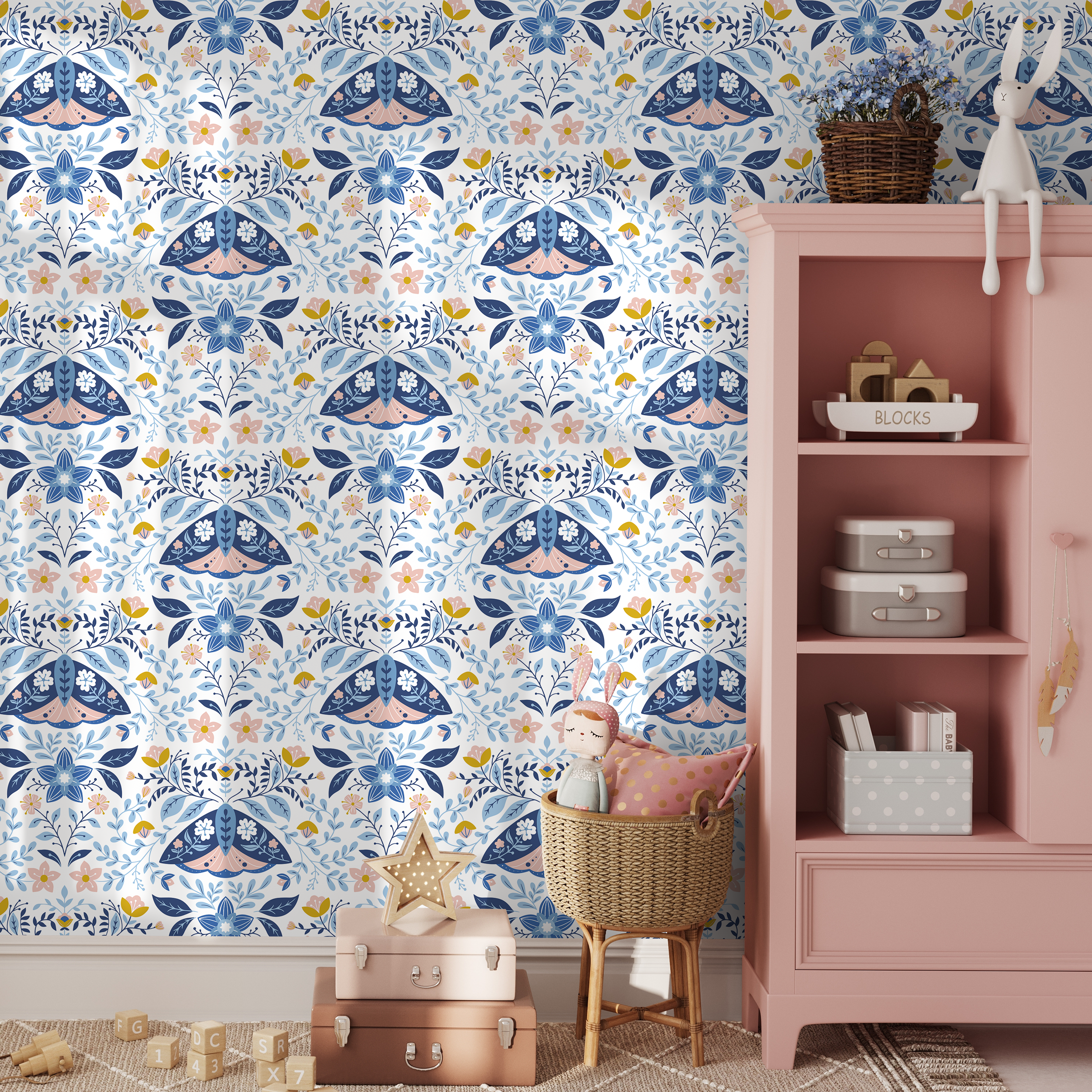 Floral Wallpaper With A Folk Art Moth Motif In Blue, Pink, And Yellow - C152