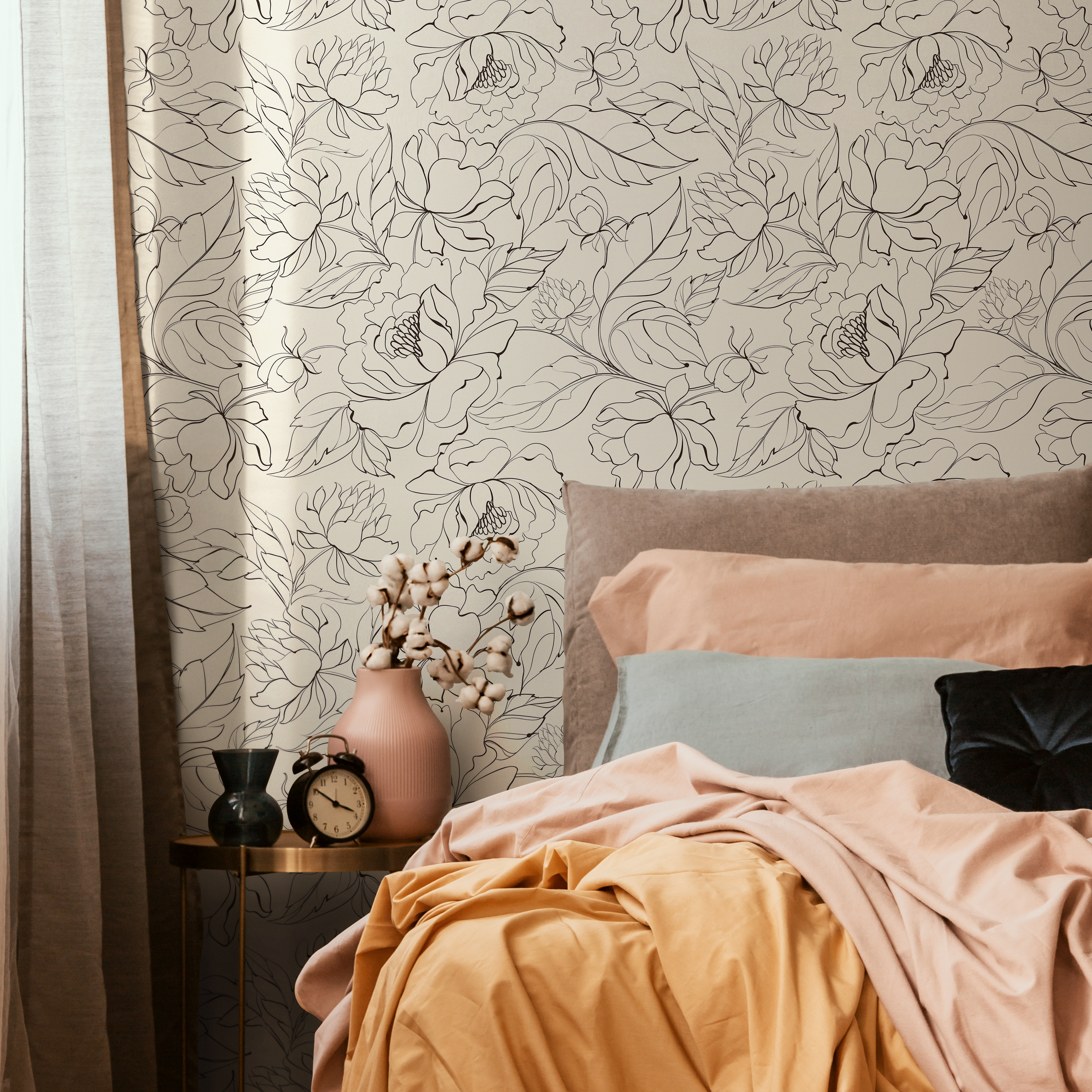 Floral Wallpaper With Elegant Peony Line Art In Black And Beige - C153
