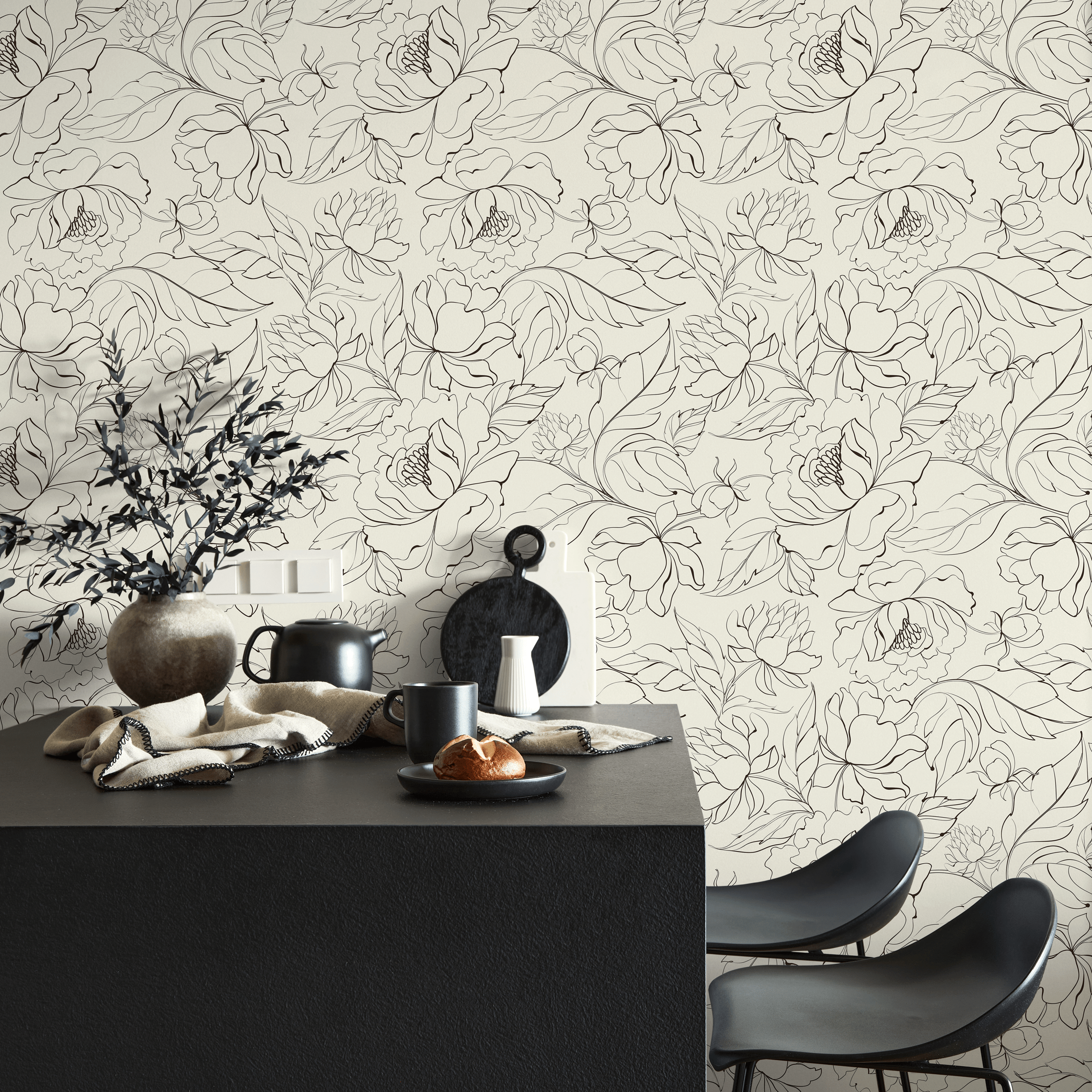 Floral Wallpaper With Elegant Peony Line Art In Black And Beige - C153