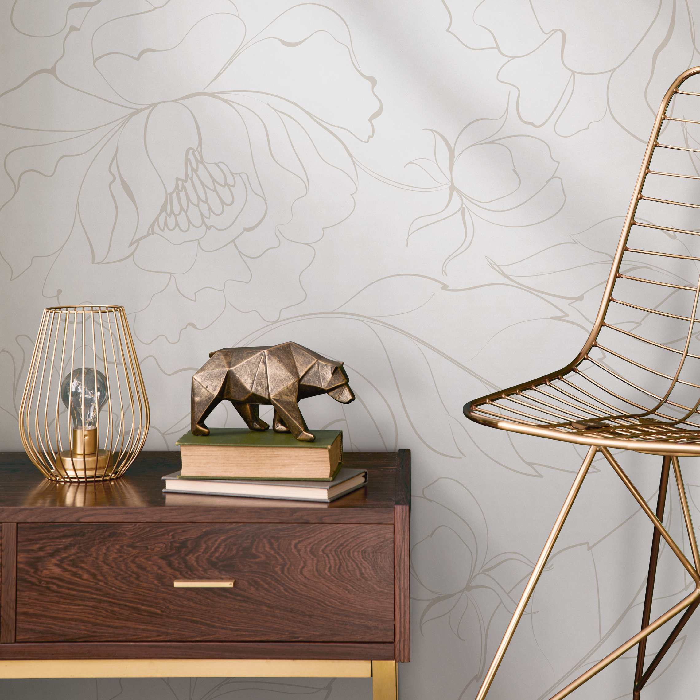 Floral Wallpaper With Peony Line Art In Beige - C154