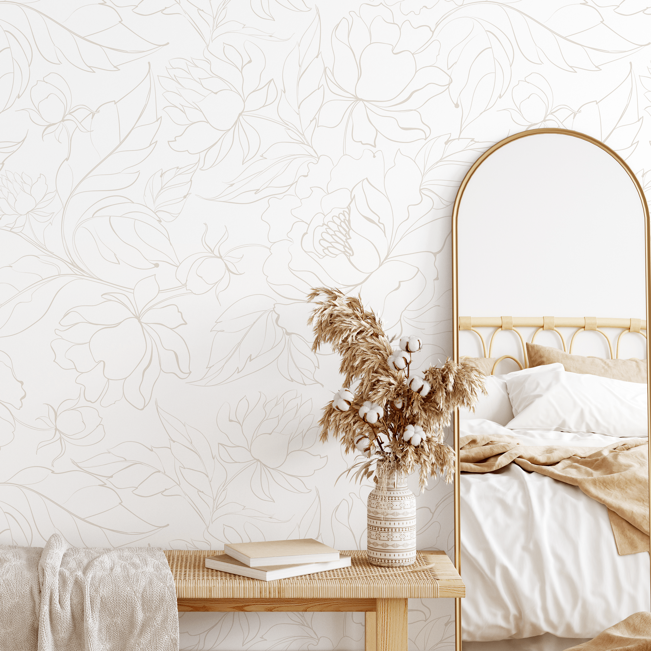 Floral Wallpaper With Peony Line Art In Beige - C154