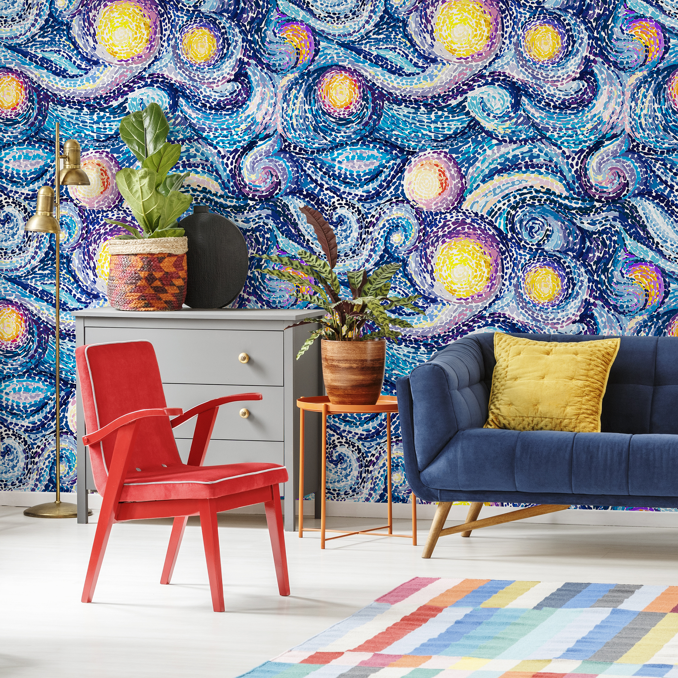 Abstract Wallpaper With A Starry Night Mosaic In Blue And Yellow - C155