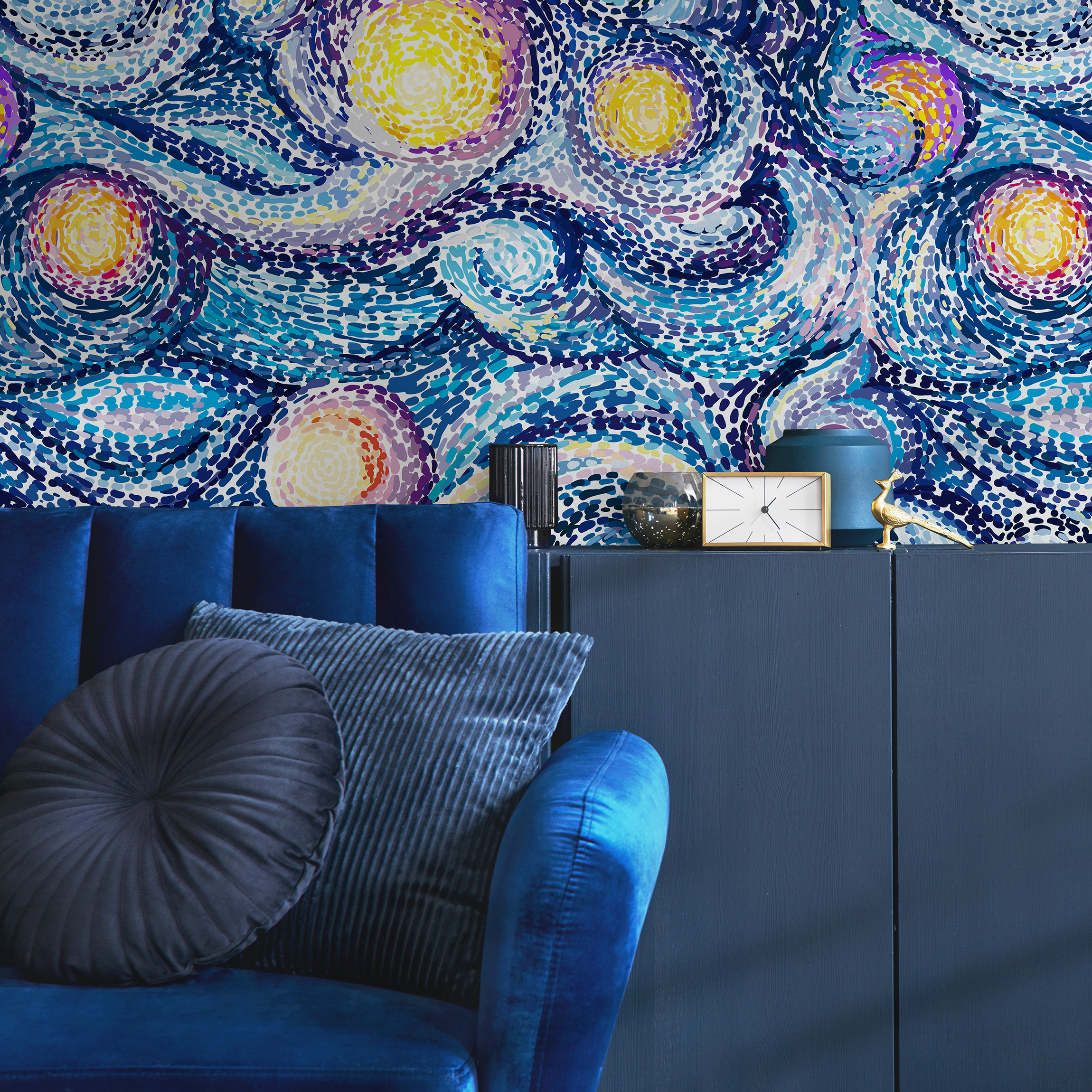 Abstract Wallpaper With A Starry Night Mosaic In Blue And Yellow - C155