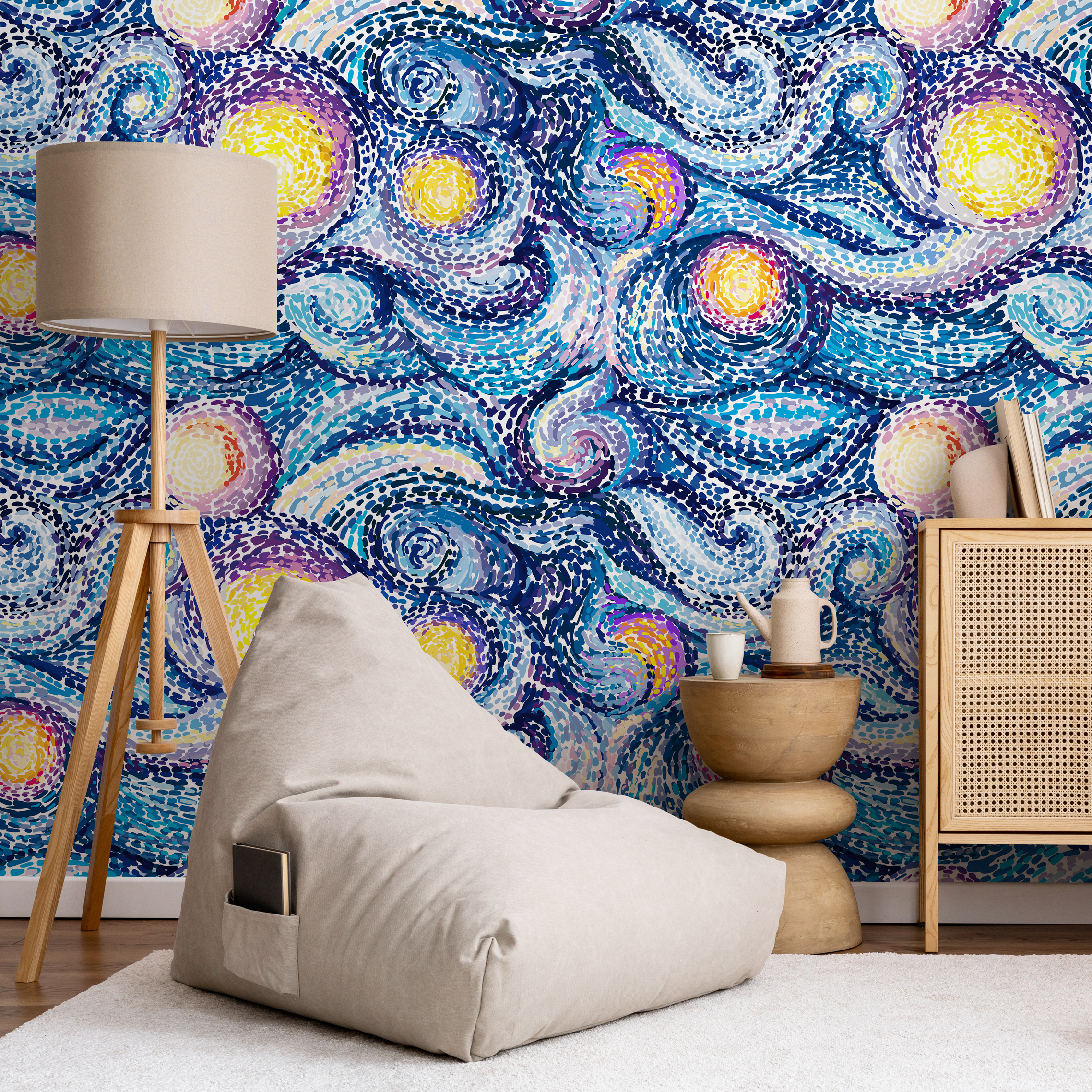 Abstract Wallpaper With A Starry Night Mosaic In Blue And Yellow - C155