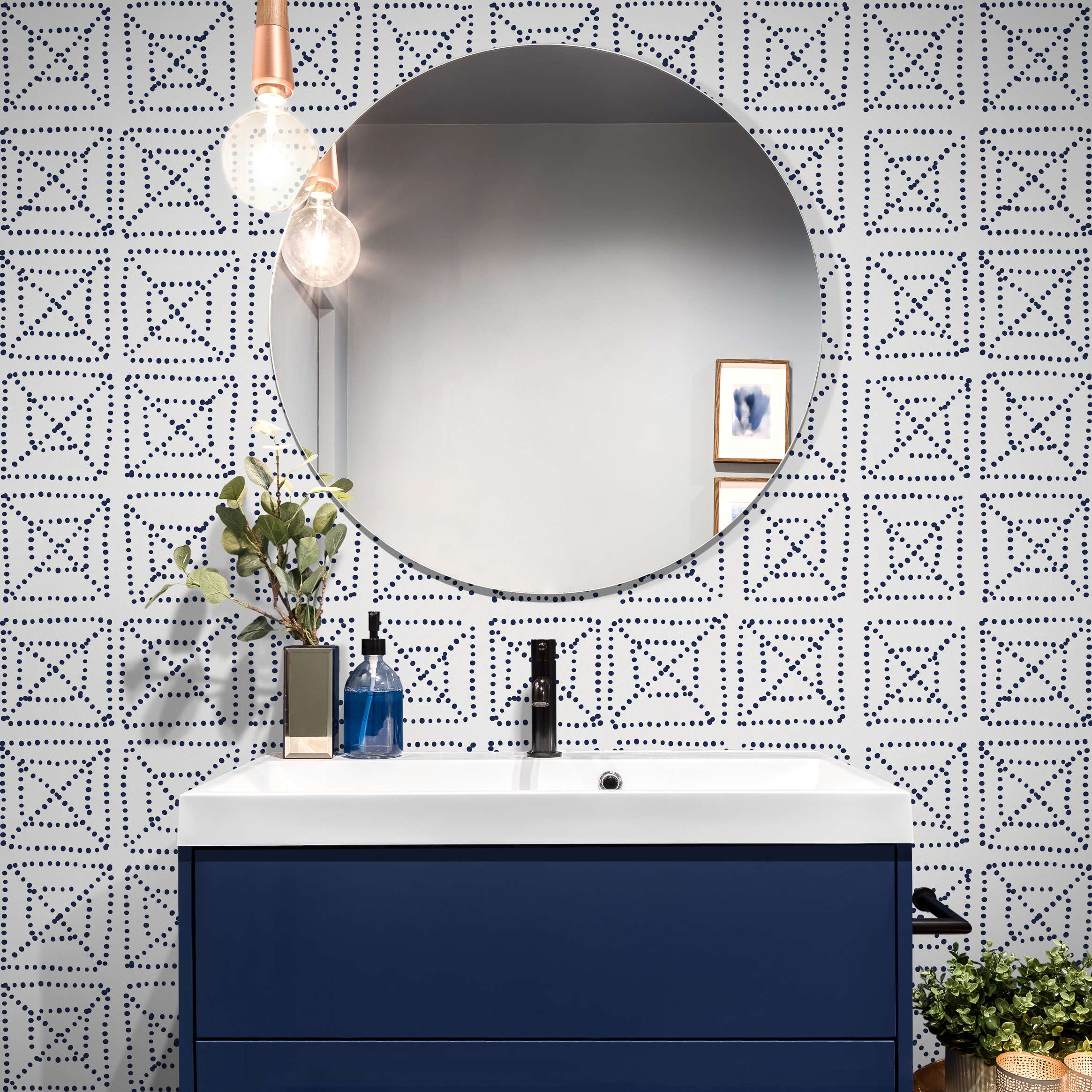 Geometric Wallpaper With A Dotted Tile Motif In Blue - C156