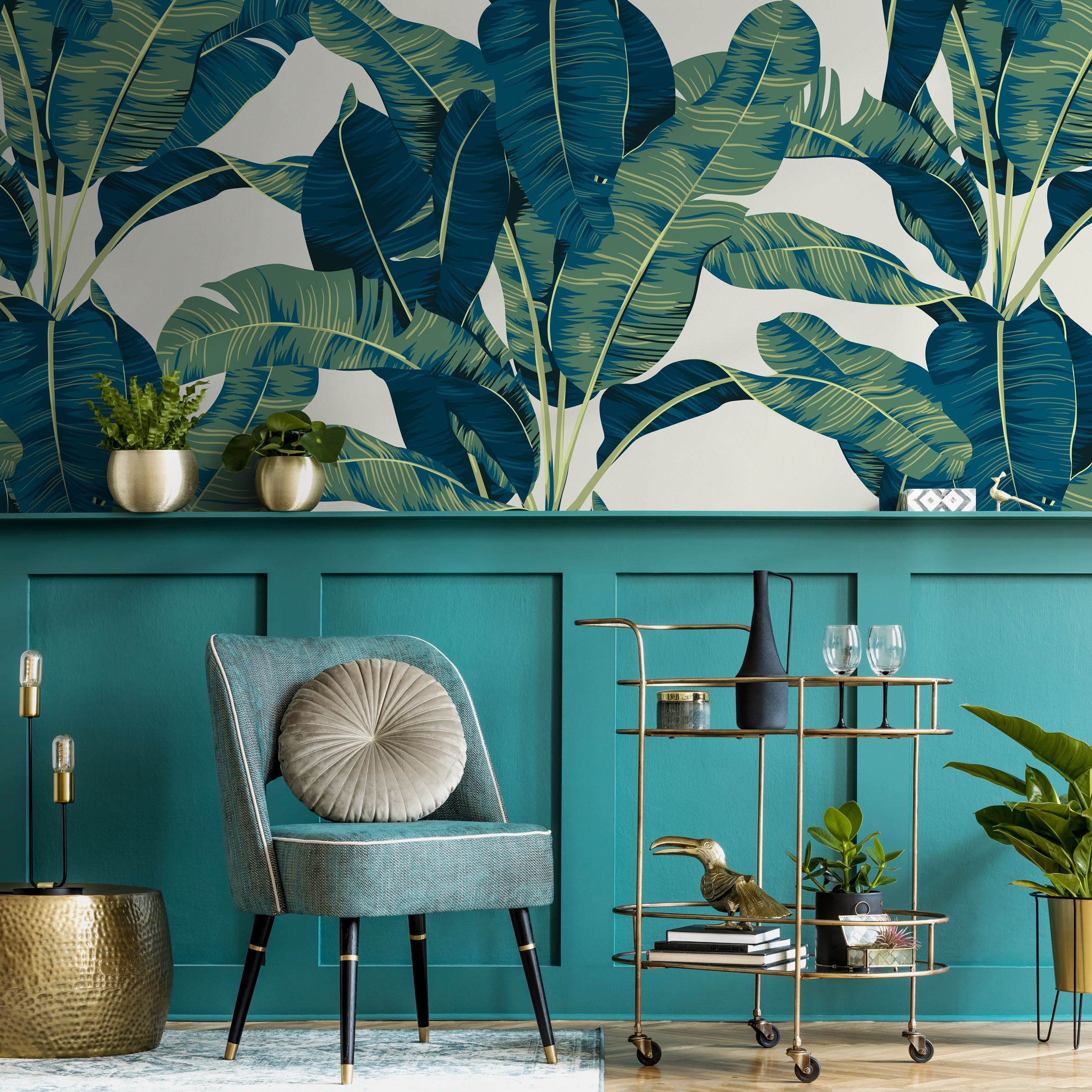 Tropical Wallpaper With Lush Banana Leaves In Teal And Green - C160