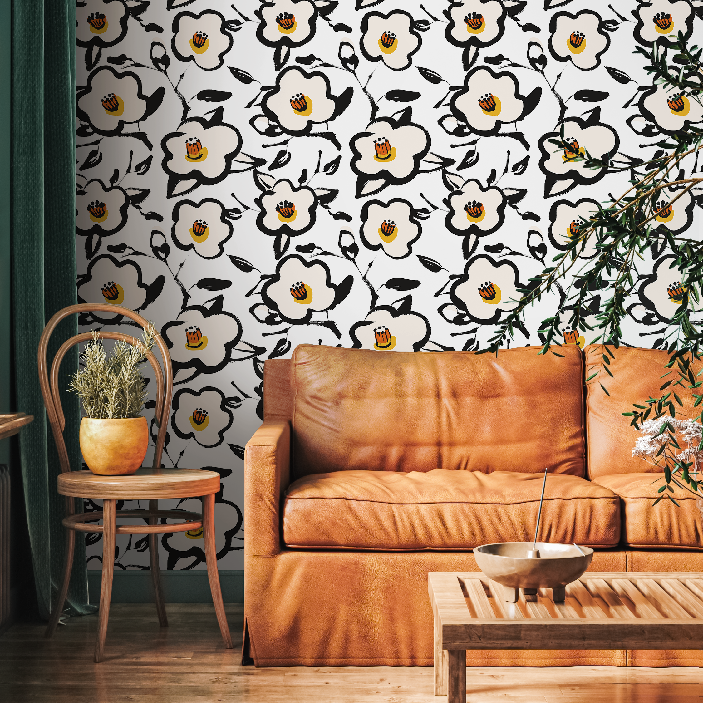 Floral Wallpaper With A Bold Brushstroke Motif In Black And Yellow - C164